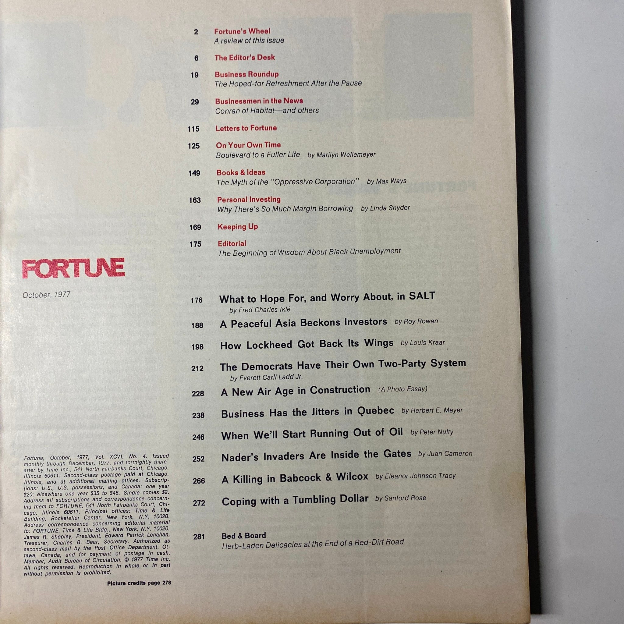 Table of contents from Fortune Magazine October 1977, highlighting articles on economics and investment insights.
