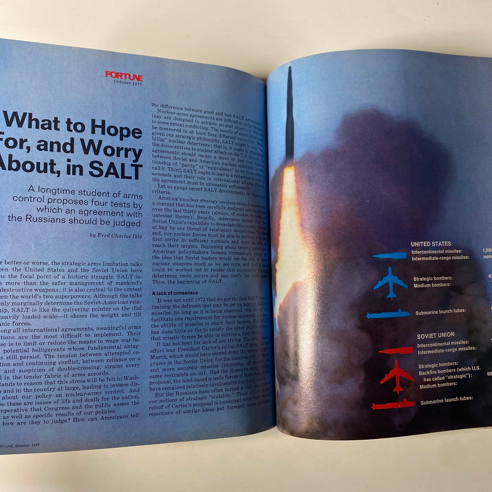 Interior page from Fortune Magazine October 1977, featuring an article titled 'What to Hope For, and Worry About, in SALT' discussing arms control and U.S.-Soviet relations.