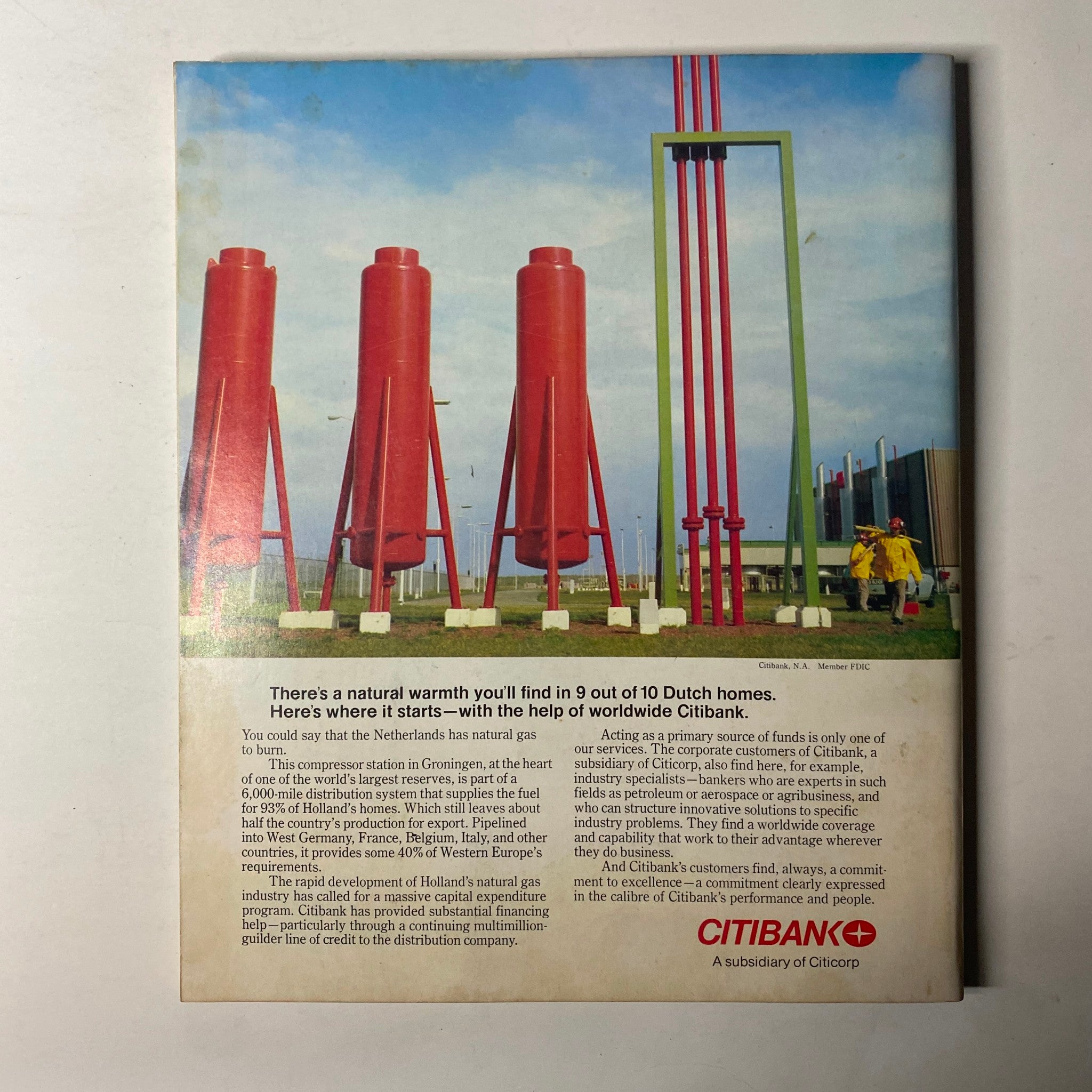 Back cover of Fortune Magazine October 1977 showcasing an advertisement for Citibank related to the Dutch natural gas industry.
