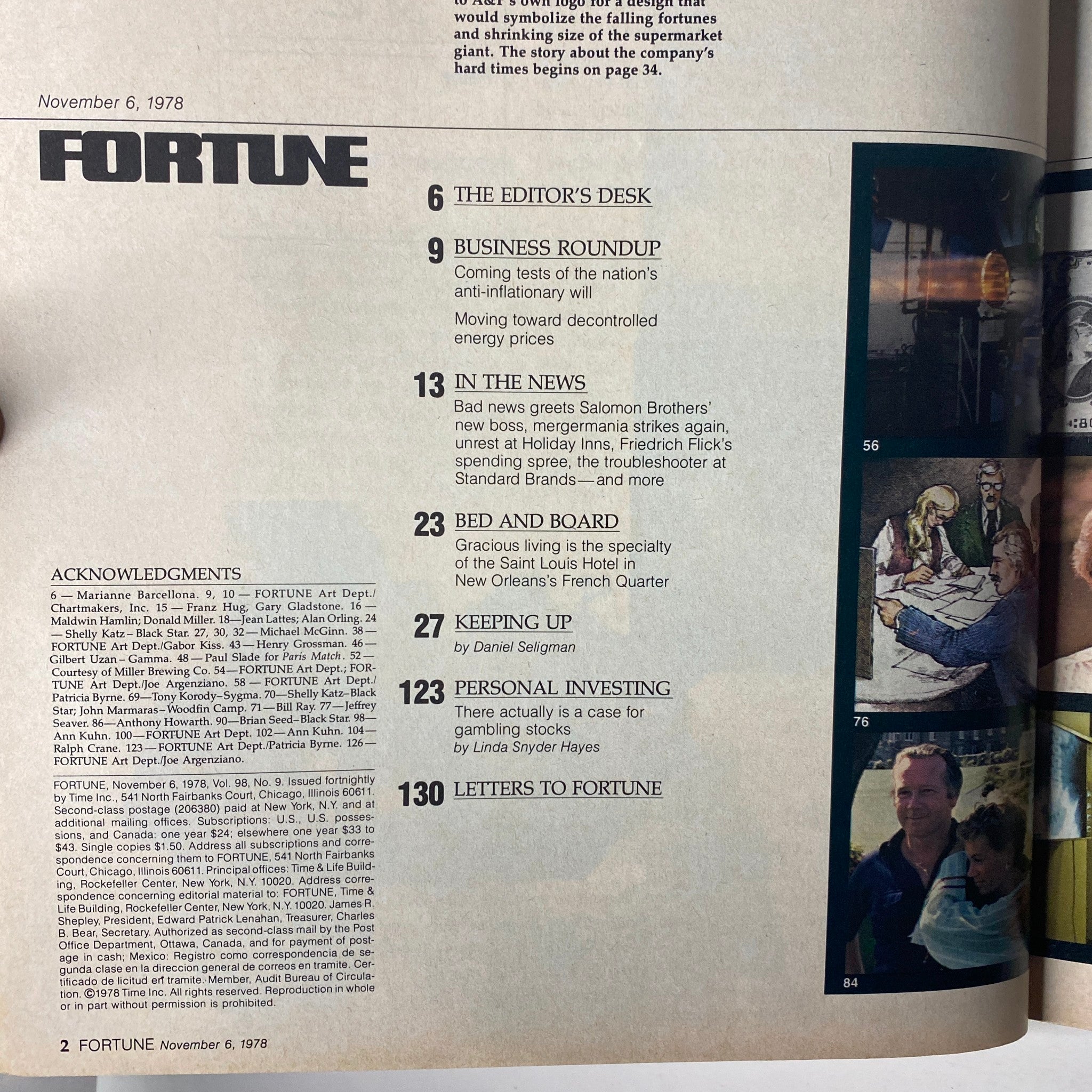 Contents page of Fortune Magazine, November 6, 1978, listing articles including 'The Editor's Desk' and business topics relevant to the era.