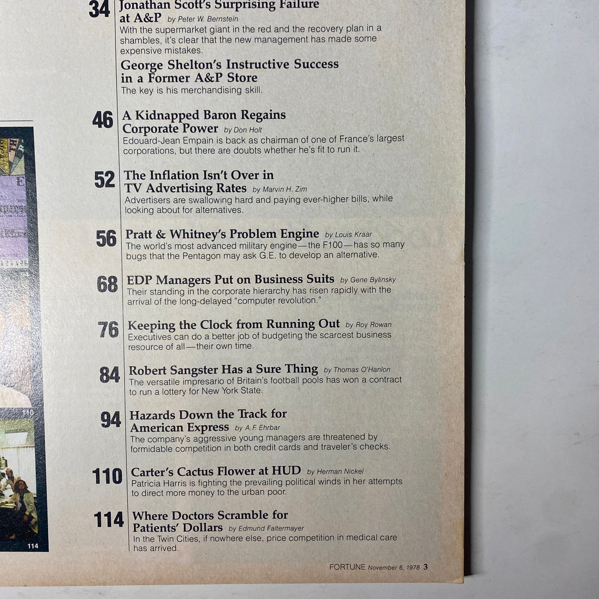 Interior page of Fortune Magazine, November 6, 1978, detailing articles such as 'Jonathan Scott's Surprising Failure at A&P' with relevant business insights.
