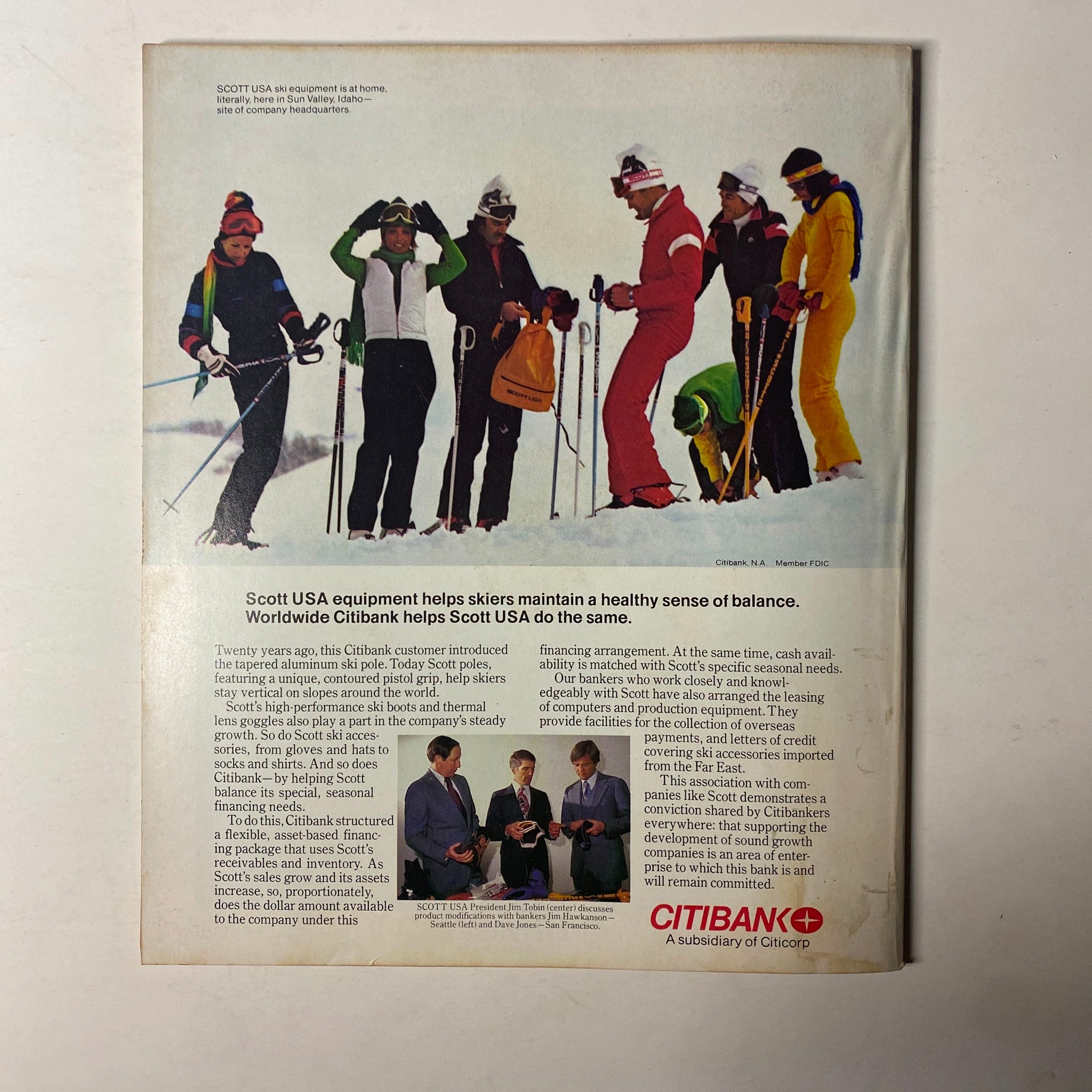 Back cover of Fortune Magazine, November 6, 1978, featuring an advertisement for Scott USA ski equipment and a Citibank promotion, highlighting business collaborations.