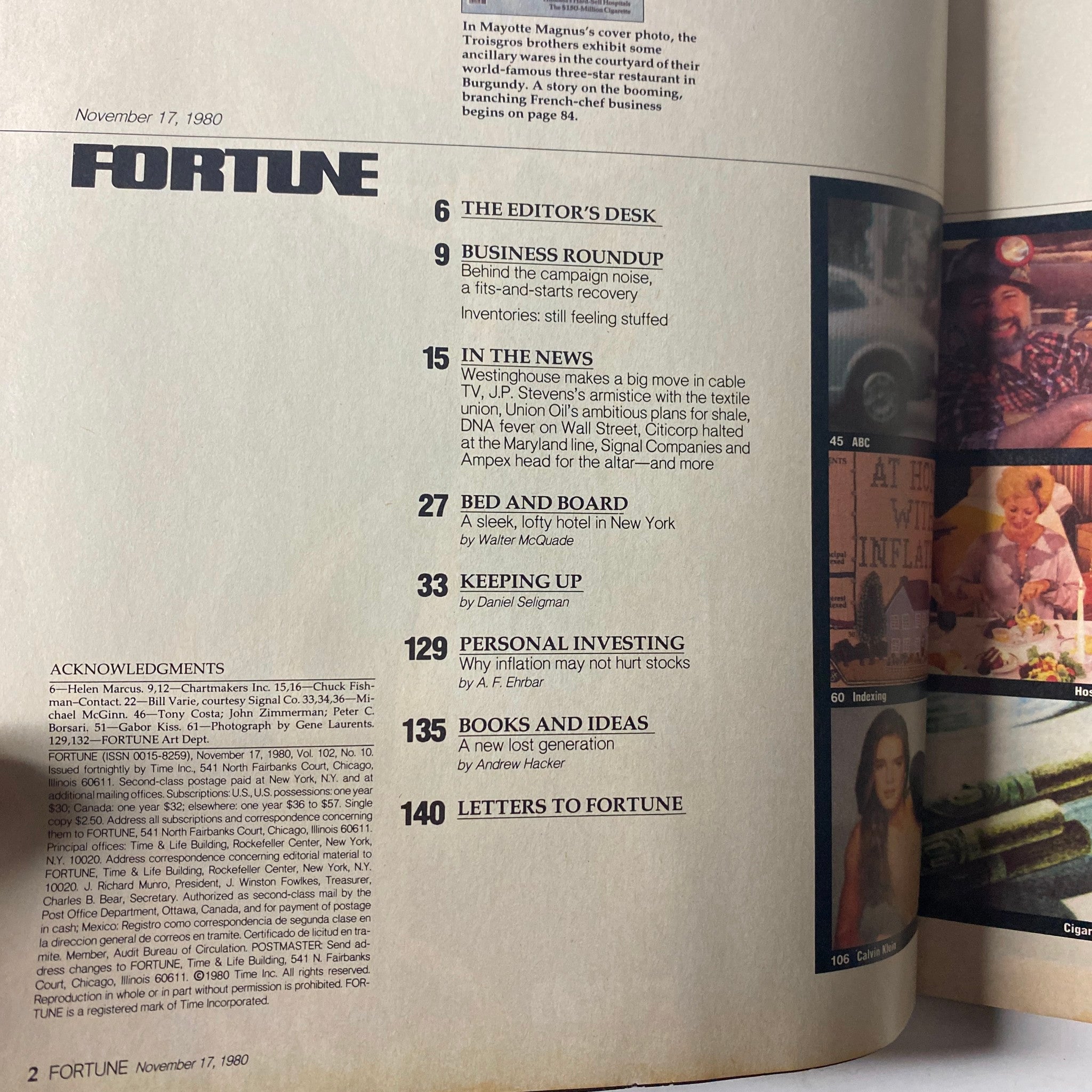 Interior page of Fortune Magazine, November 17, 1980, displaying the table of contents including articles on business, personal investing, and acknowledgments.