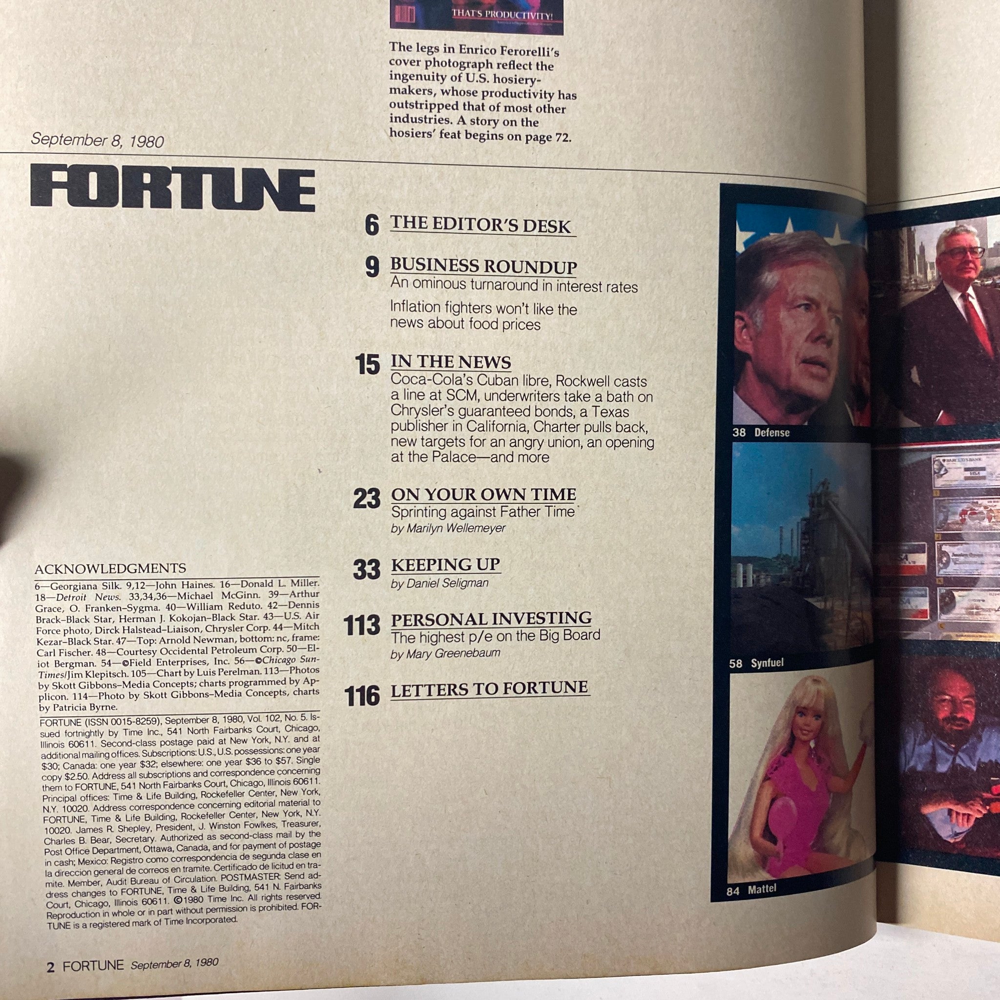 Inside page of Fortune Magazine from September 8, 1980, showcasing the table of contents and editorial section, reflecting on economic issues and insights relevant to the era.