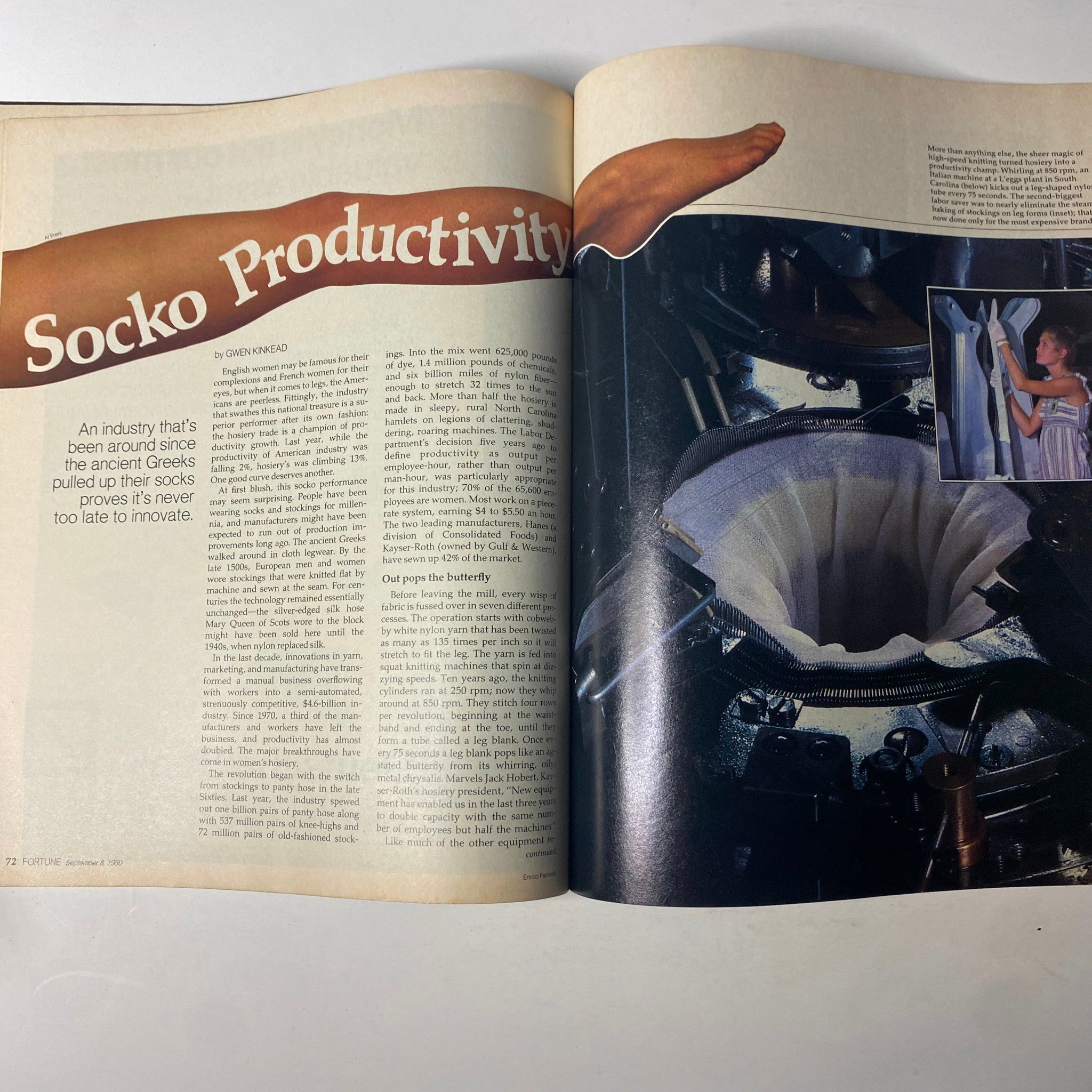 Feature article titled 'Socko Productivity' in Fortune Magazine from September 8, 1980, discussing advancements in the sock manufacturing industry with visuals and text.