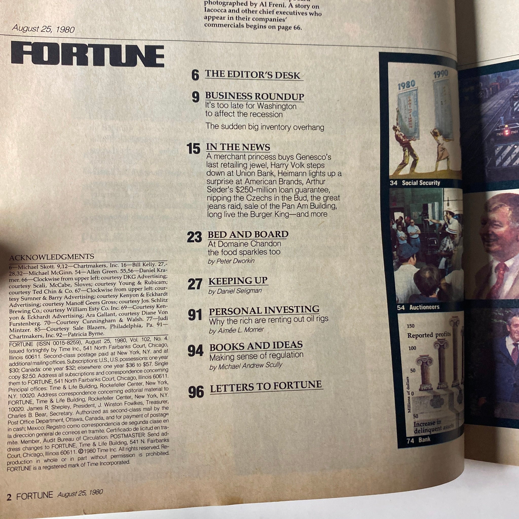 Interior page of Fortune Magazine August 25, 1980 displaying the table of contents, including key articles about business, social security, and leadership during economic downturns.