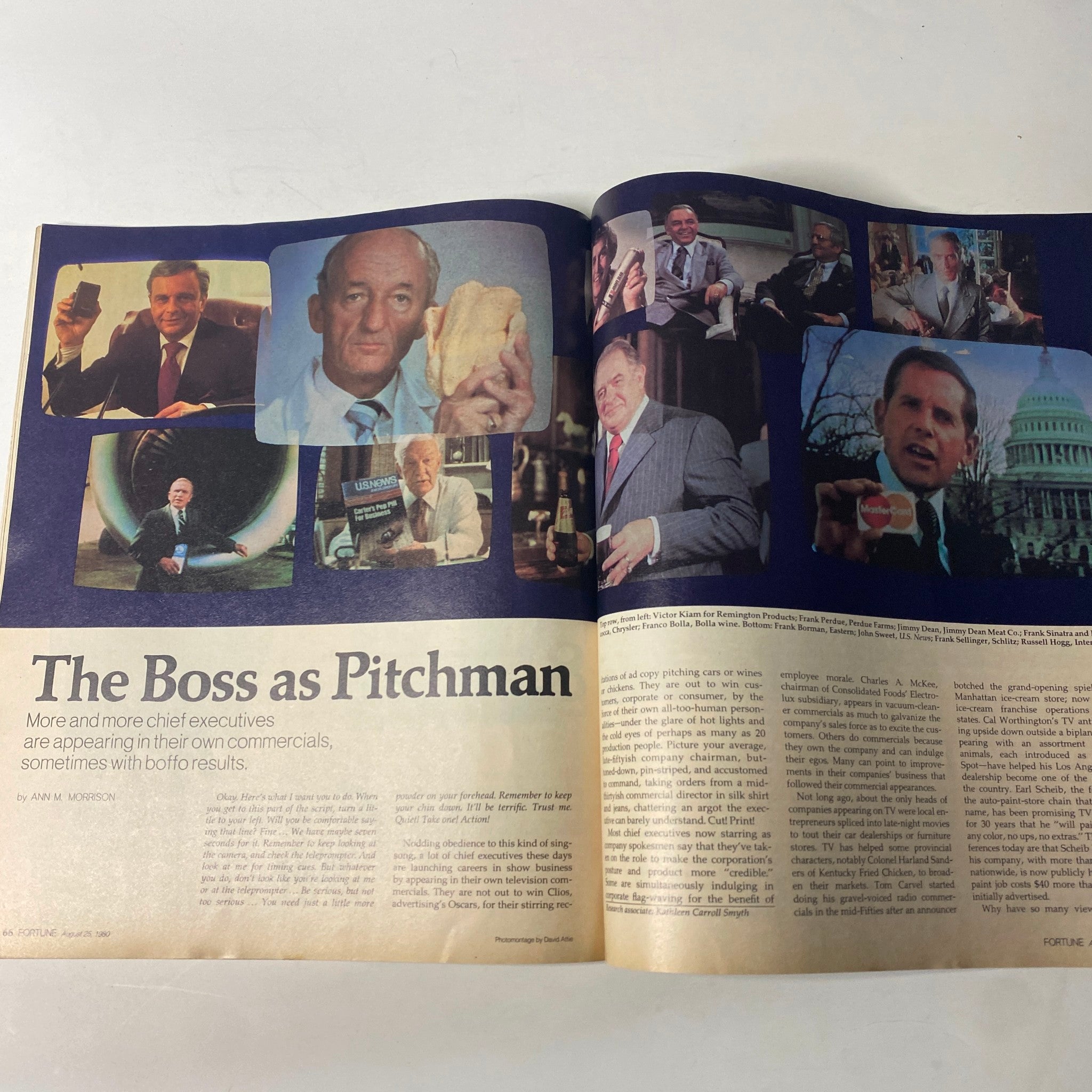 Featured article layout from Fortune Magazine, August 25, 1980, titled 'The Boss as Pitchman,' showcasing various CEOs who appeared in their own commercials, highlighting the trend in corporate advertising.
