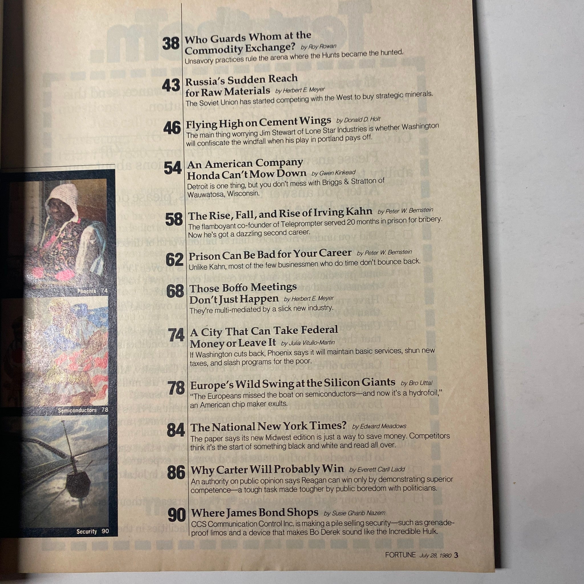 Another interior page from Fortune Magazine, July 28, 1980, showcasing contents including articles on commodities, corporate ethics, and the business climate of the era.