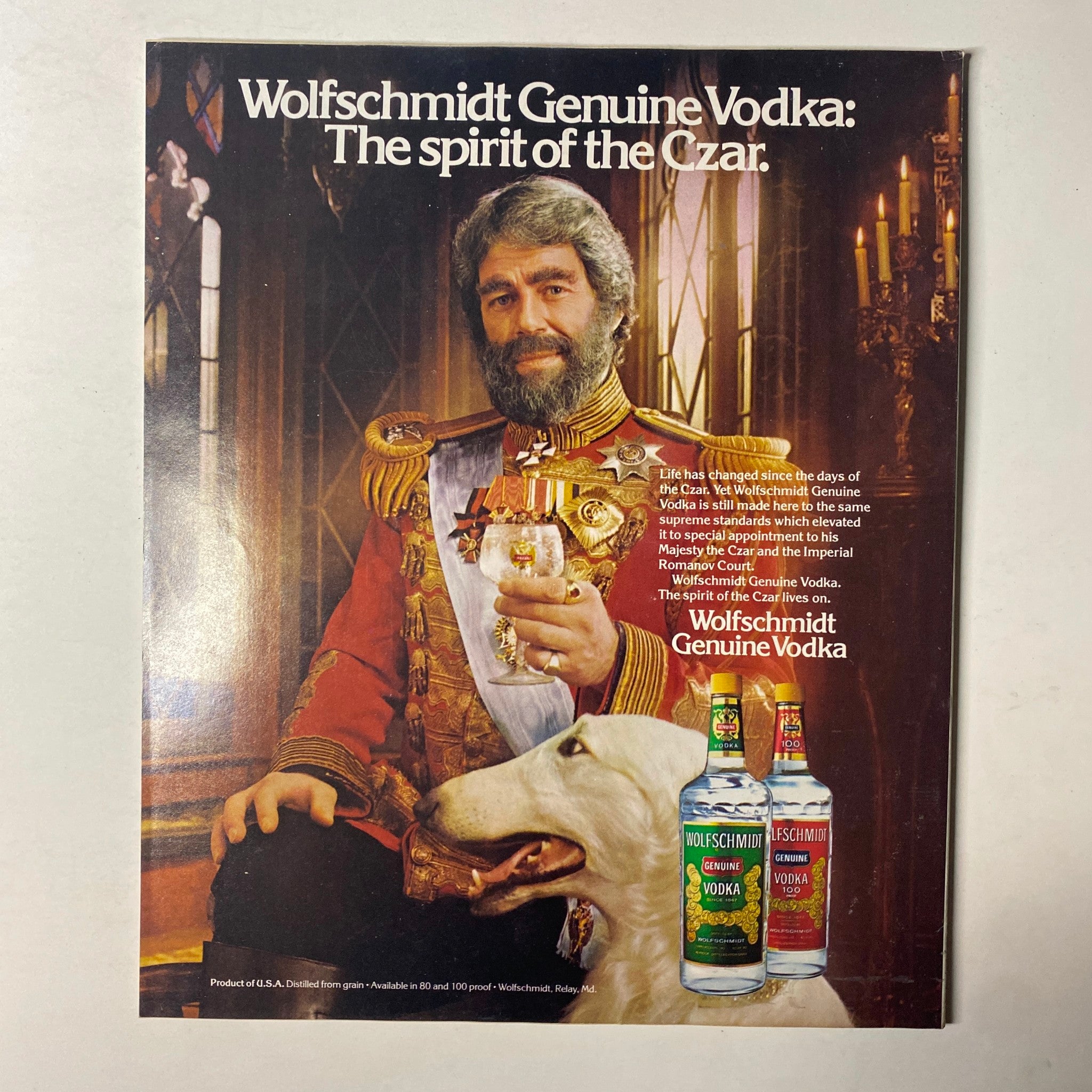 Ad page from Fortune Magazine, July 28, 1980, promoting Wolfschmidt Genuine Vodka with artistic imagery and a historical theme.