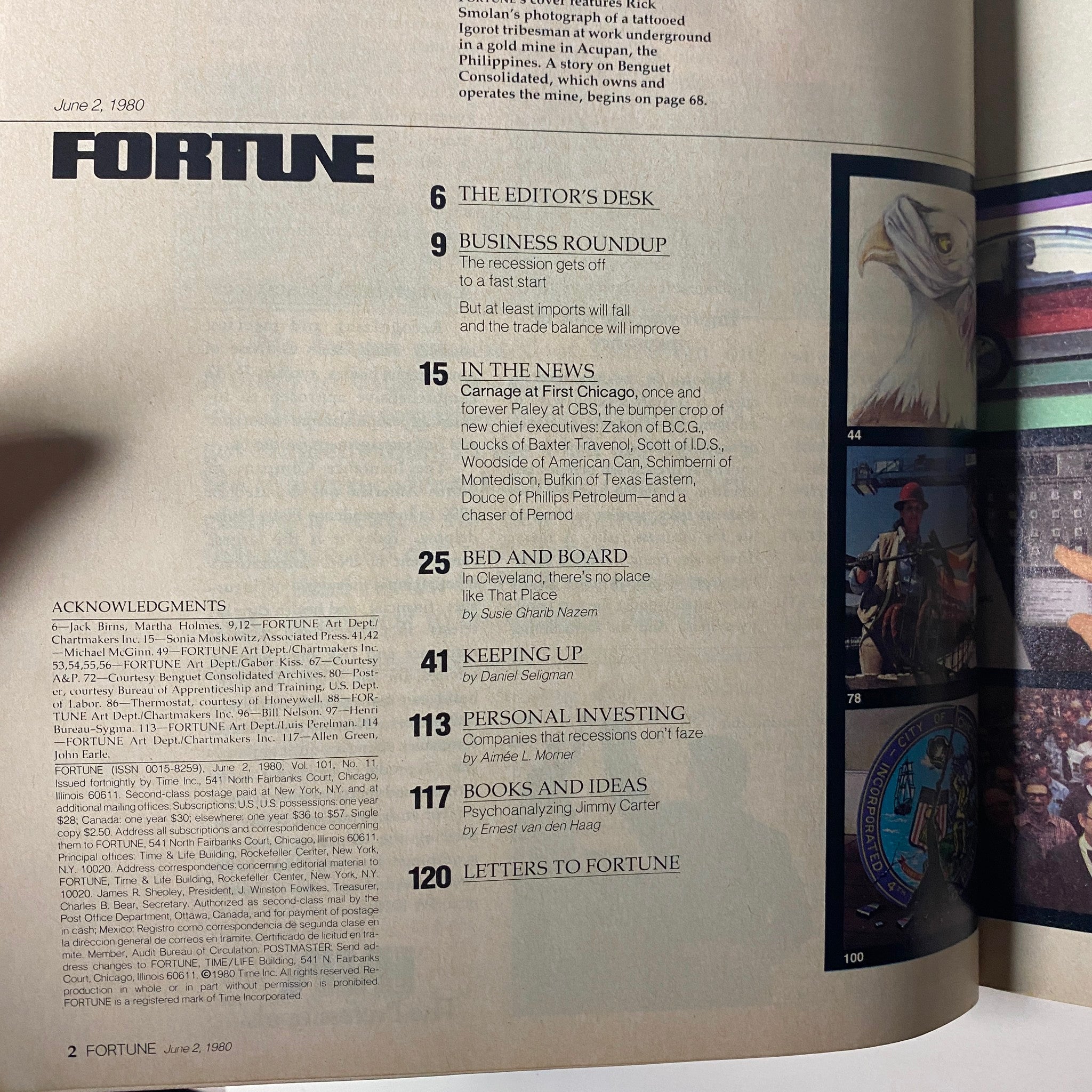 Interior page of the June 2, 1980 issue of Fortune Magazine, detailing contents including articles on business trends, personal investing and acknowledging the editorial team.