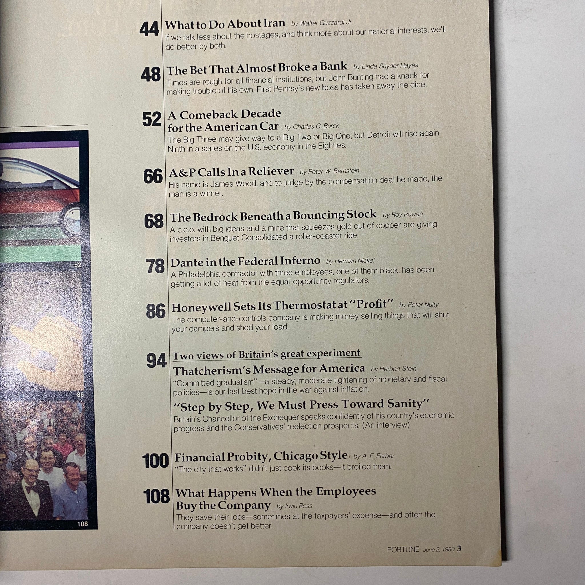 Page from Fortune Magazine June 2, 1980 showing the table of contents including 'The Bedrock Beneath a Bouncing Stock' and other articles, highlighting notable topics in the issue.