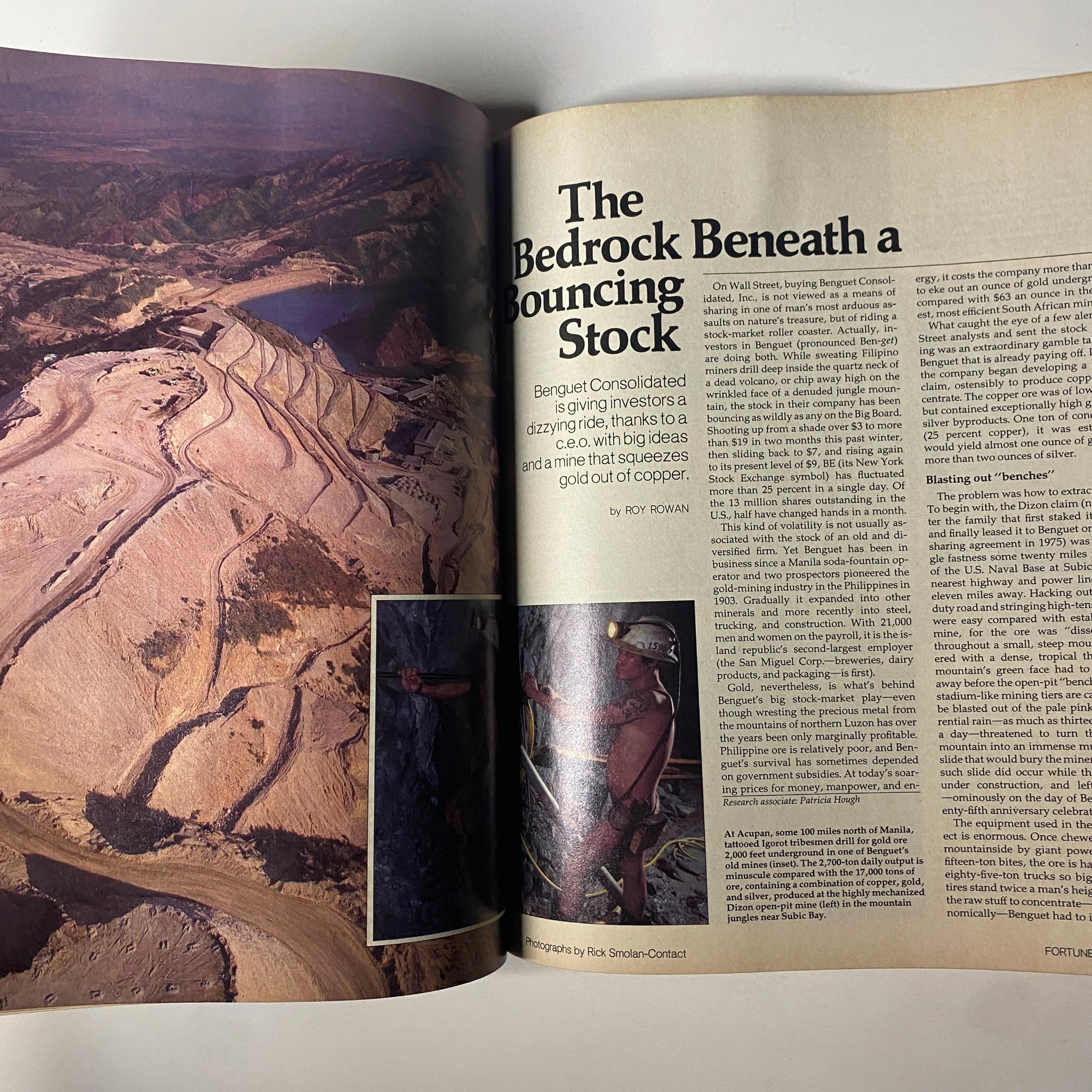 Interior page of Fortune Magazine June 2, 1980 featuring the article 'The Bedrock Beneath a Bouncing Stock' by Roy Rowan about Benguet Consolidated, discussing its impact on the gold mining industry.