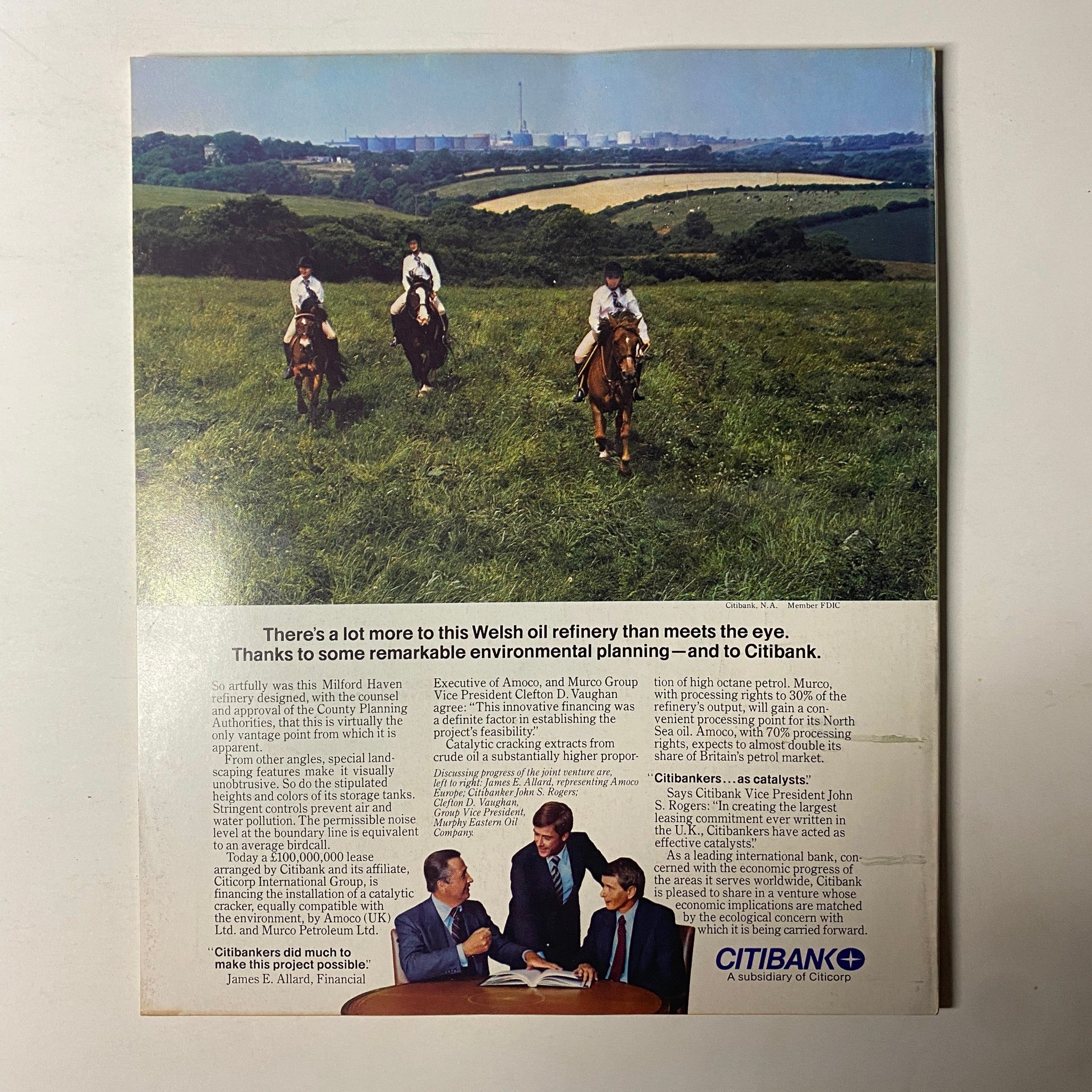 Back cover of Fortune Magazine June 2, 1980 featuring an advertisement for Citibank, highlighting environmental planning related to a Welsh oil refinery.