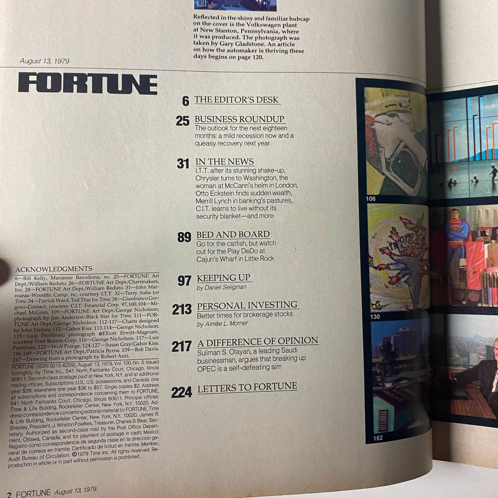 Contents page of Fortune Magazine, August 13, 1979, listing articles including the economic forecast and features on the Volkswagen plant in New Stanton, Pennsylvania.