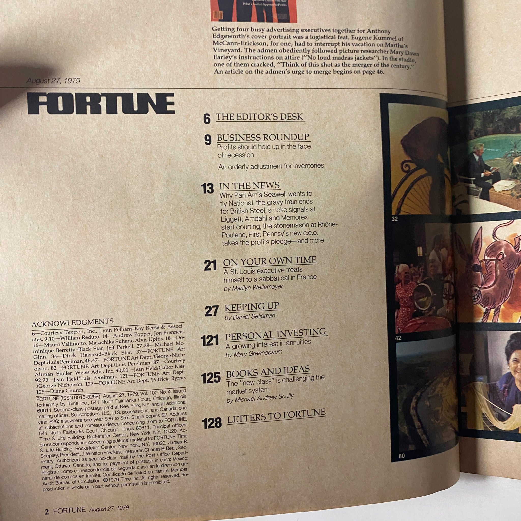 Fortune Magazine August 27, 1979 showing the table of contents and acknowledgments sections, highlighting articles on business trends and personal investing.