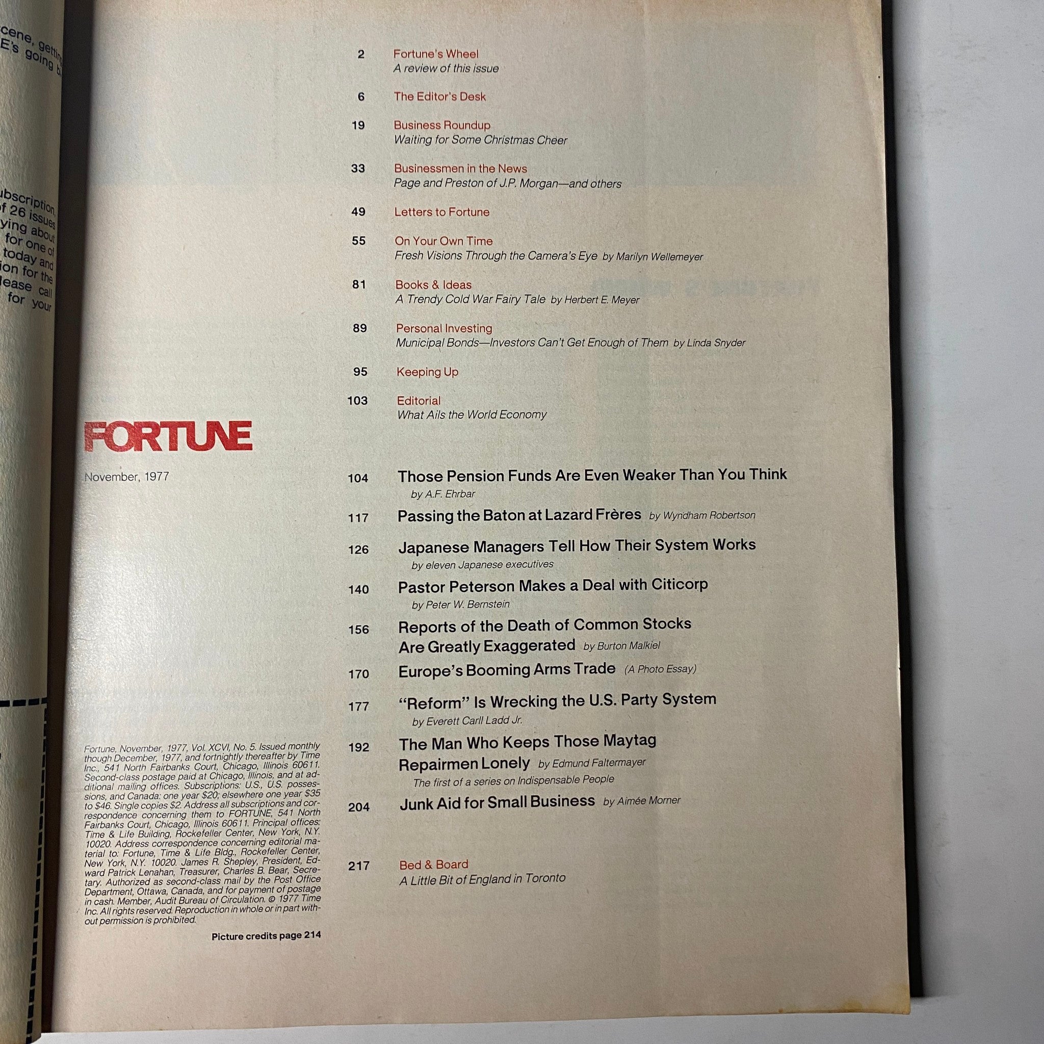 Table of contents page from Fortune Magazine, November 1977, featuring articles on pension funds and economic analysis, relevant to the headline 'Pension Funds Are Sicker Than They Look'.