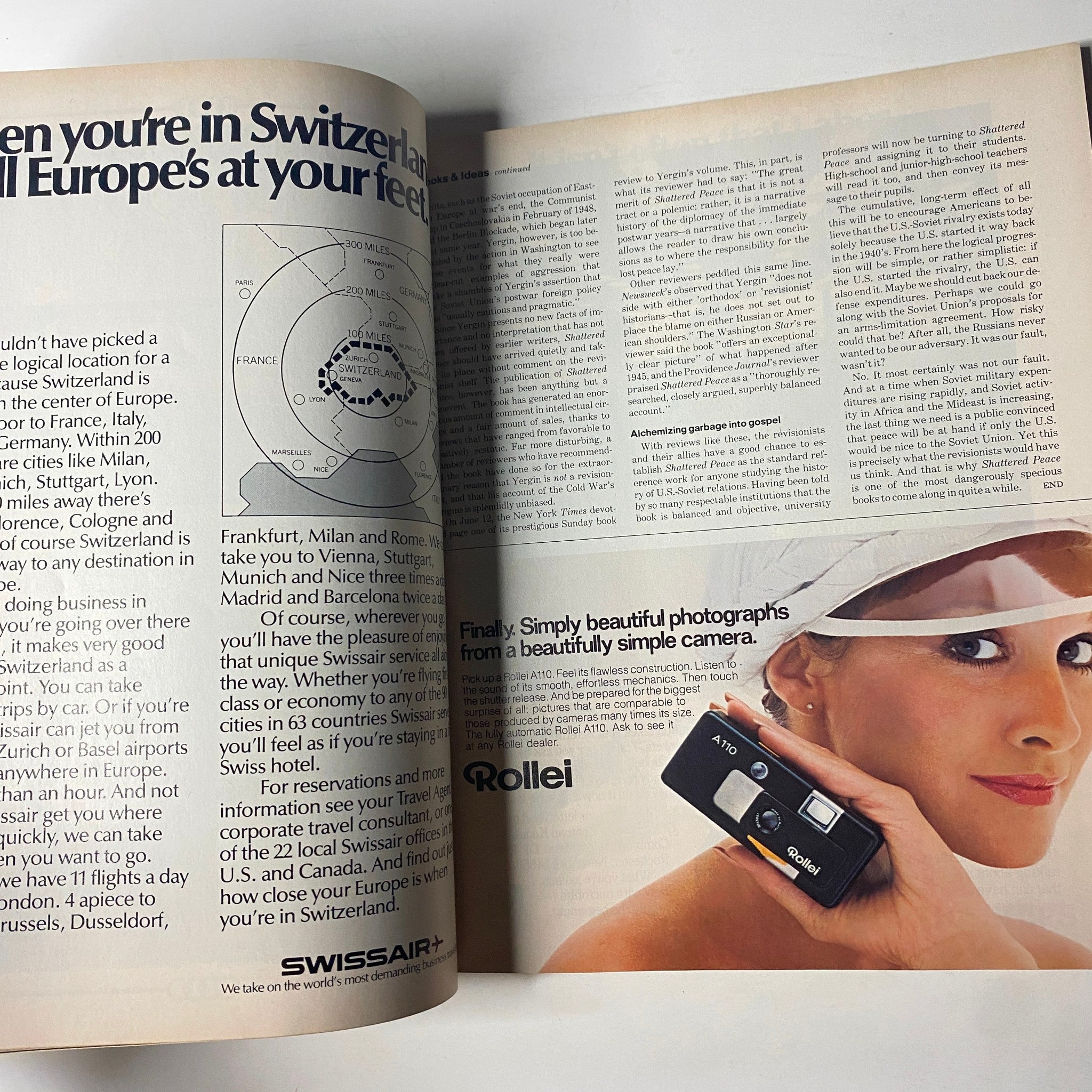 Two-page spread from Fortune Magazine, November 1977, showcasing an advertisement for Swissair, highlighting travel in Europe, relevant to global finance discussion in 'Pension Funds Are Sicker Than They Look'.