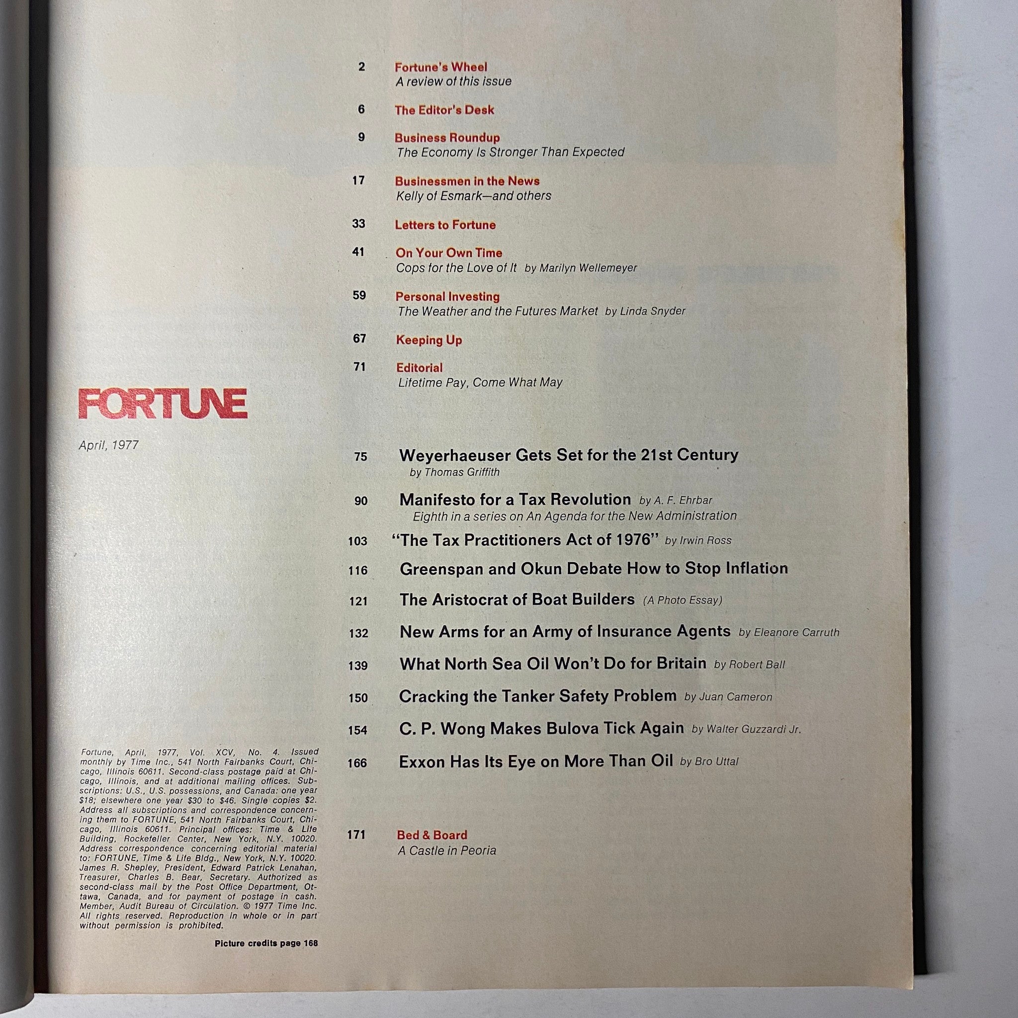 Table of contents for Fortune Magazine April 1977, detailing articles including Weyerhaeuser’s Vision for the Future and others.
