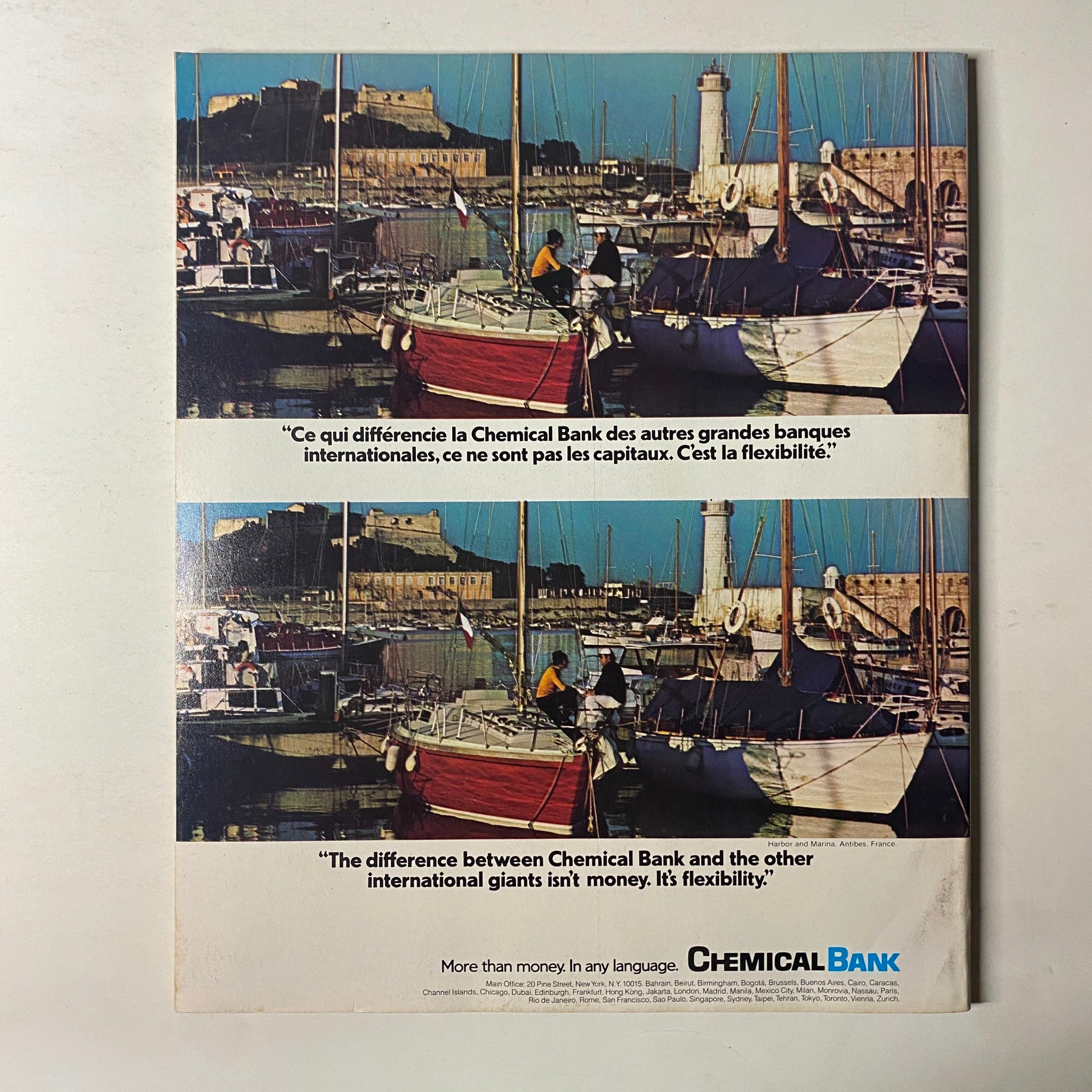 Back cover of Fortune Magazine April 1977 showcasing an advertisement for Chemical Bank with a scenic harbor view.