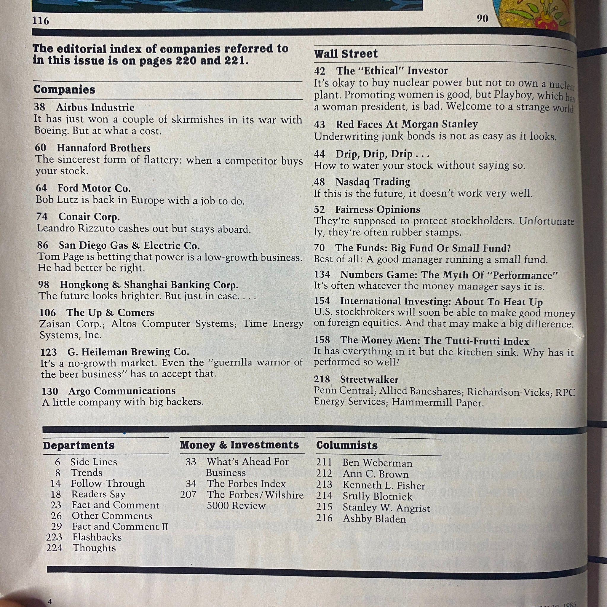 Page 116 of Forbes Magazine July 29, 1985, displaying the editorial index of companies mentioned in the issue, including corporate giants and financial insights.