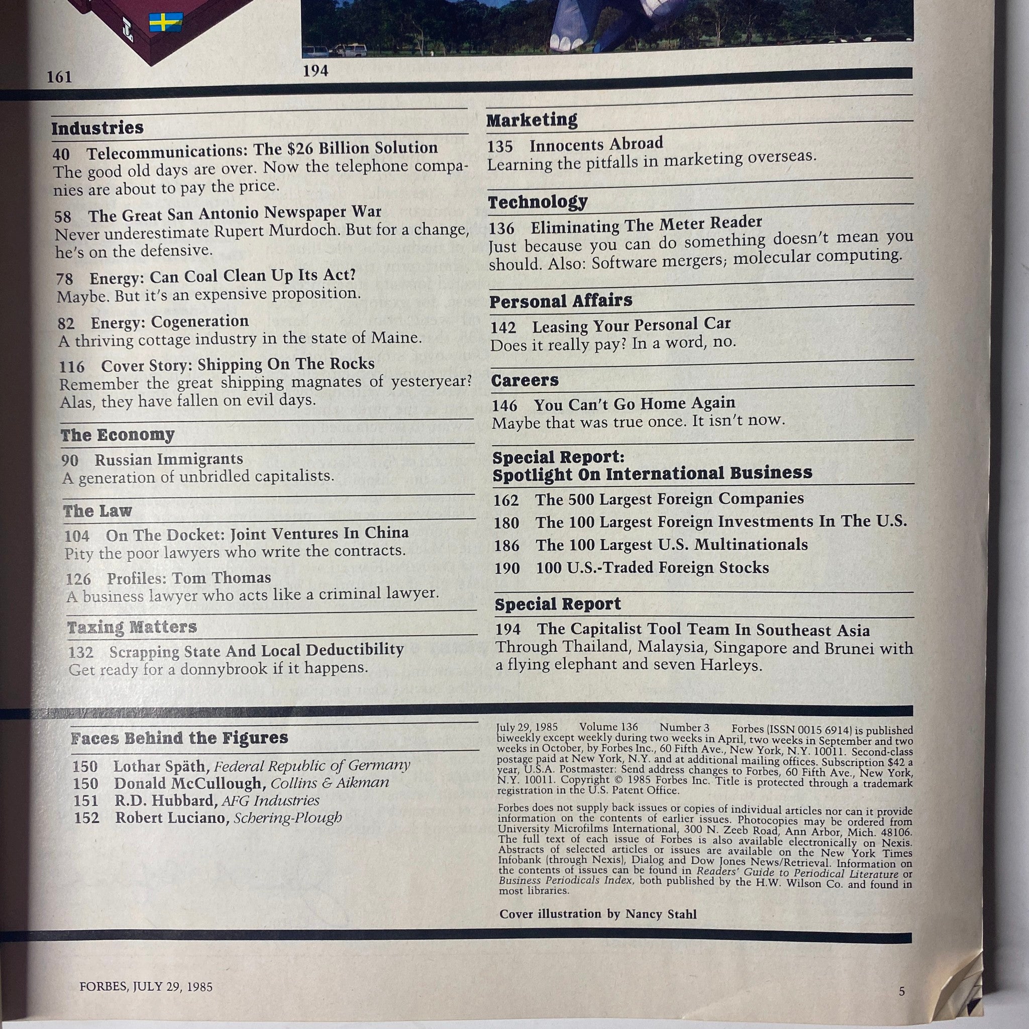 Page 194 of Forbes Magazine July 29, 1985, detailing various industries, including telecommunications and energy, alongside a section on the economy and entrepreneurship.