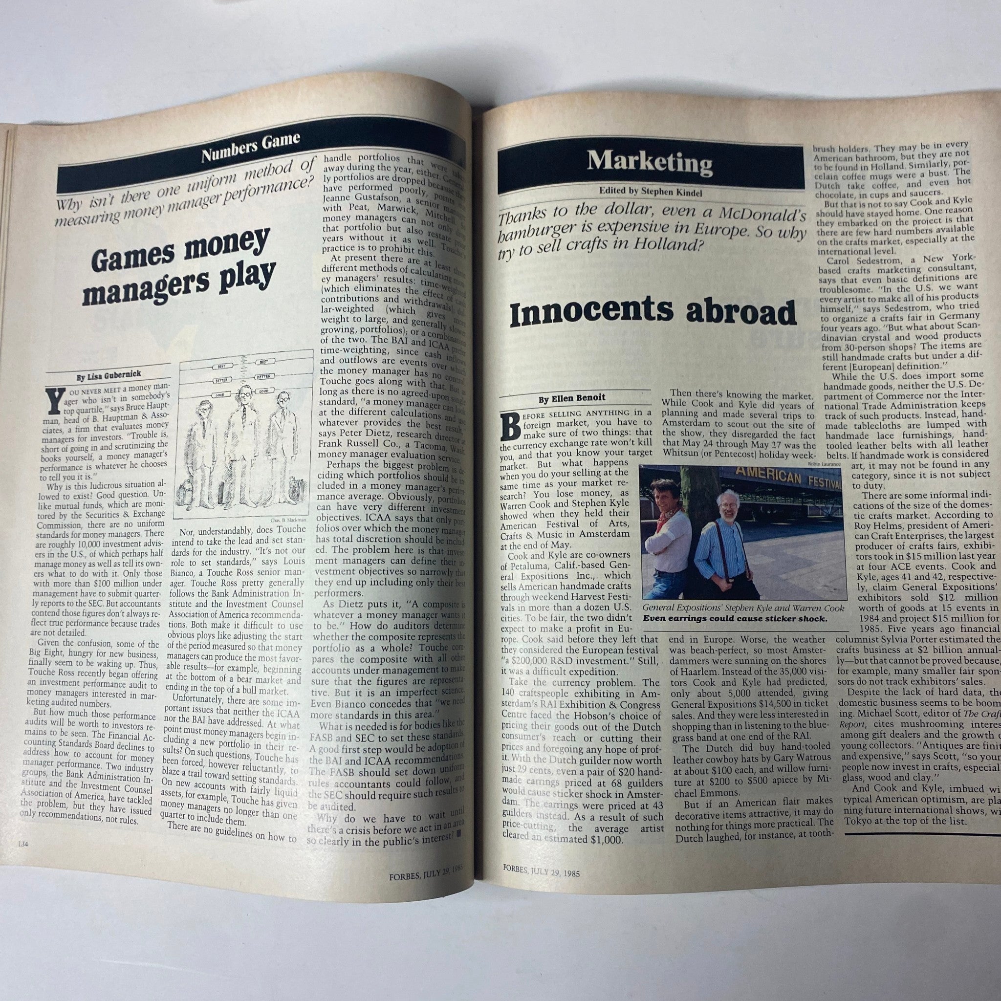 Pages from Forbes Magazine July 29, 1985, showcasing articles on money management and international marketing, reflecting on financial trends of the mid-1980s.
