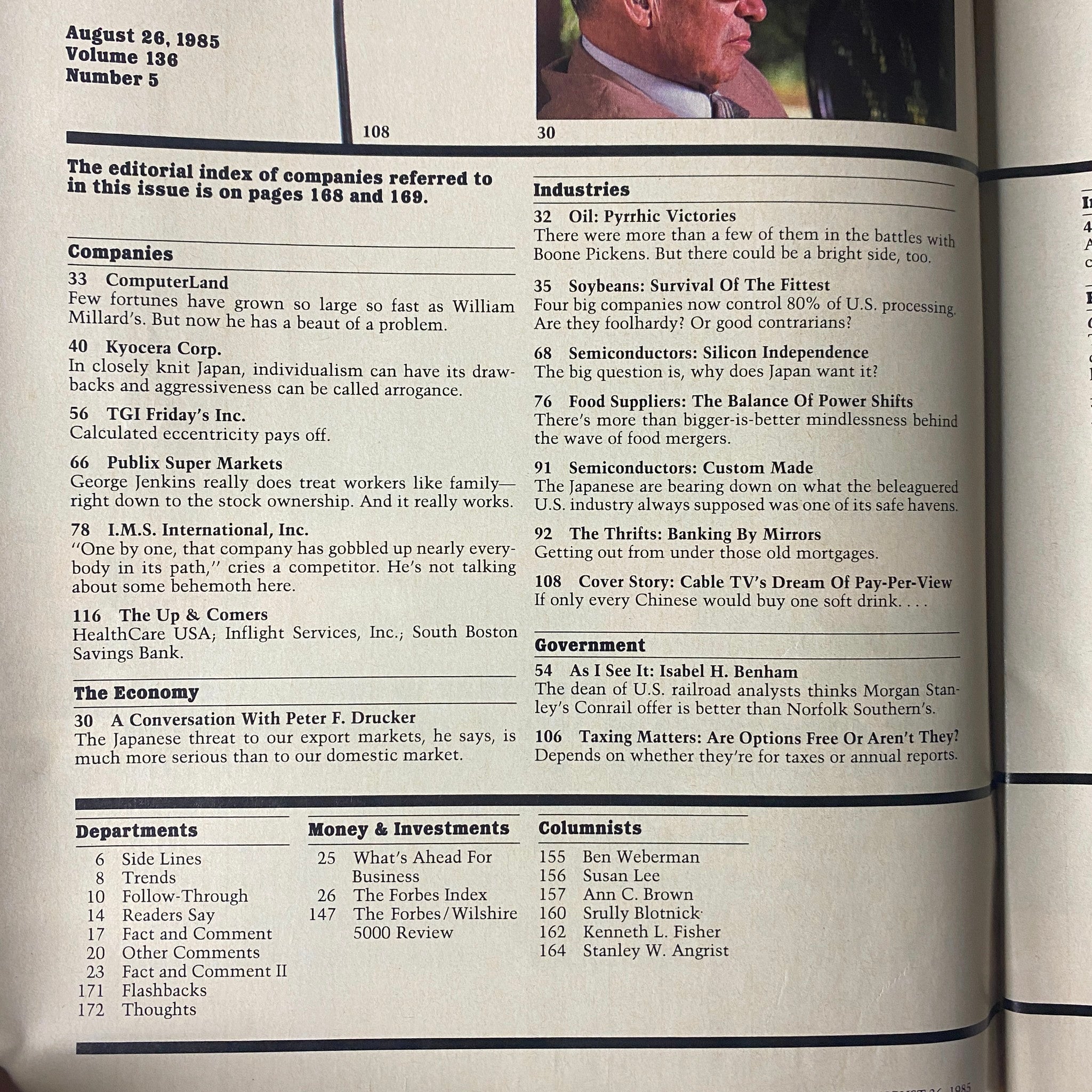Editorial index page of Forbes Magazine from August 26, 1985, outlining featured companies and industries including ComputerLand and Kyocera Corporation.