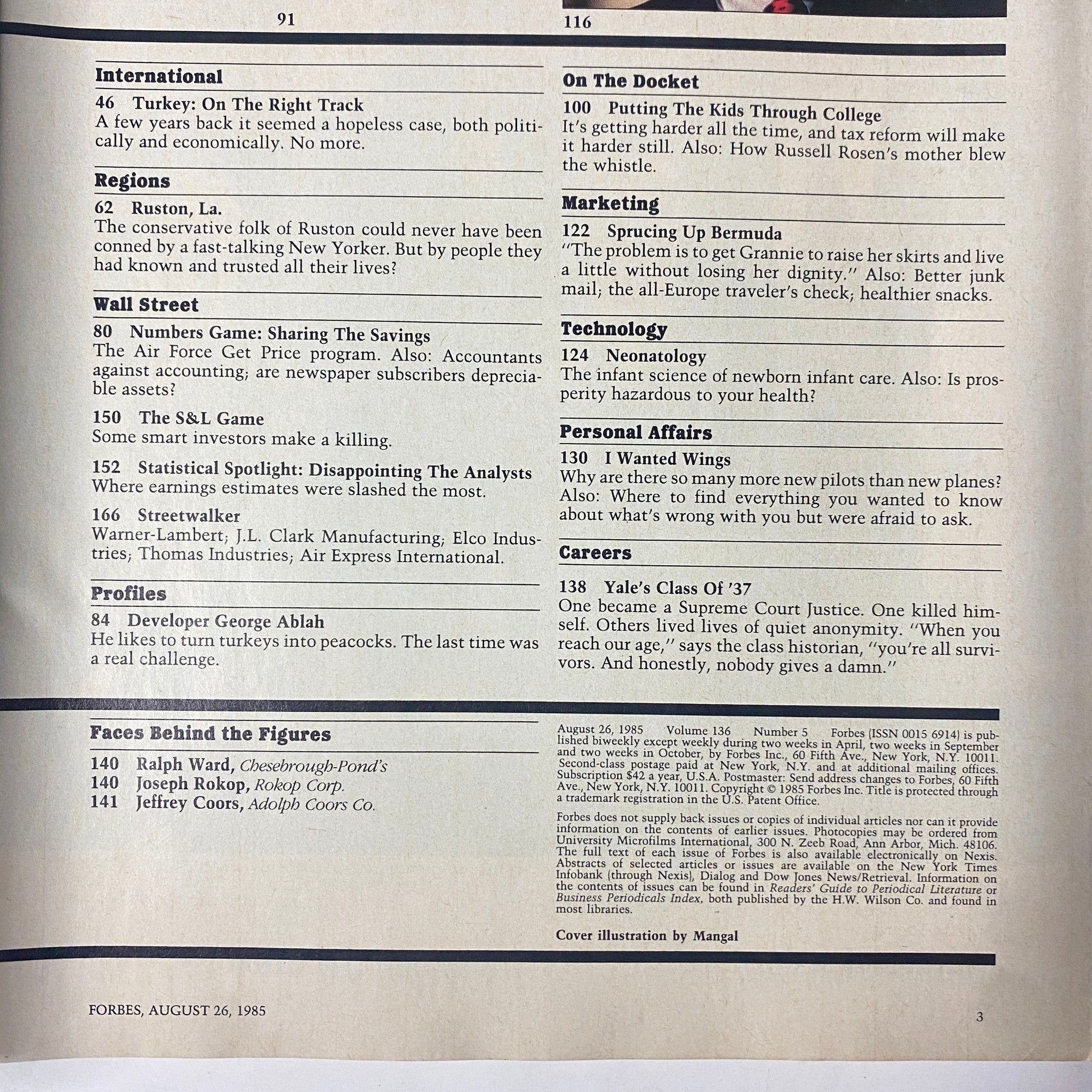 Page from Forbes Magazine, August 26, 1985, listing international articles and company profiles, showcasing the magazine's diverse content during that era.