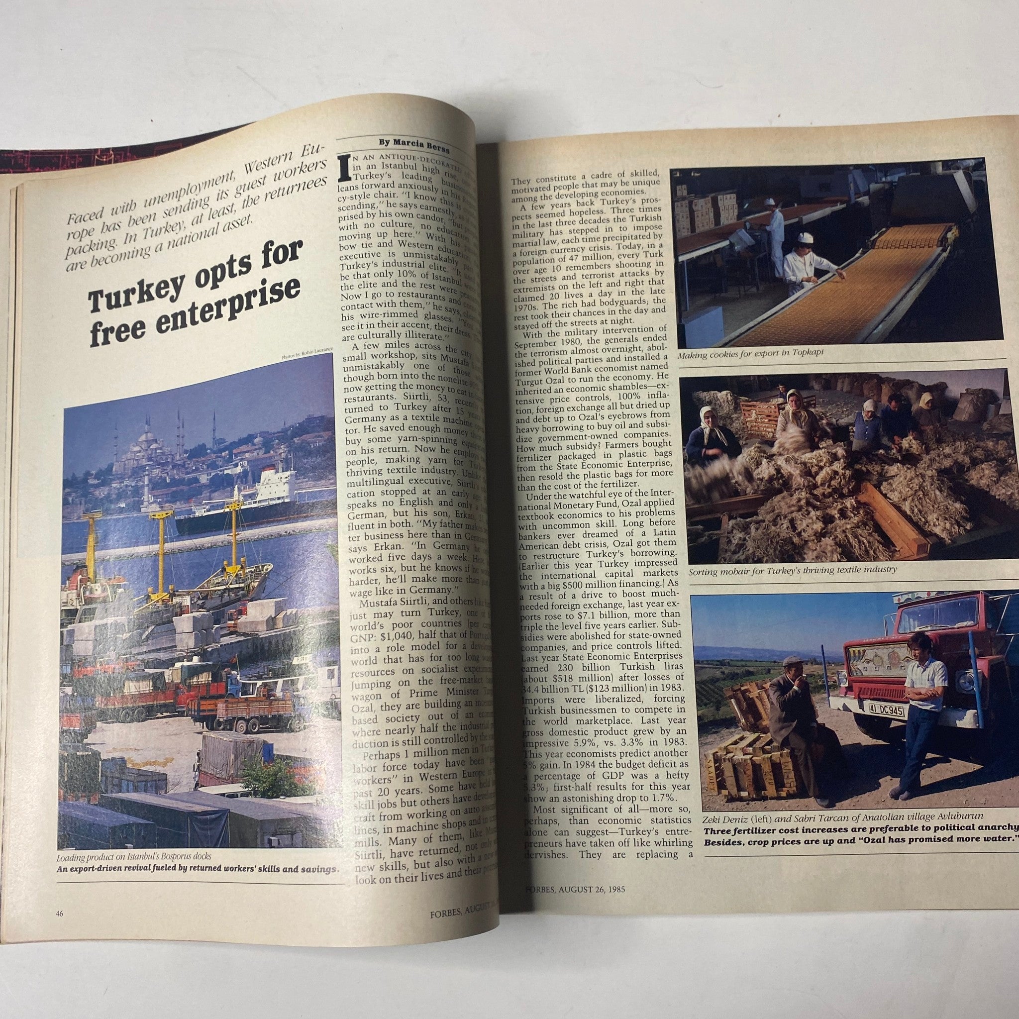Inside spread of Forbes Magazine, August 26, 1985, featuring an article titled 'Turkey opts for free enterprise' with images illustrating Turkish workers and enterprise.