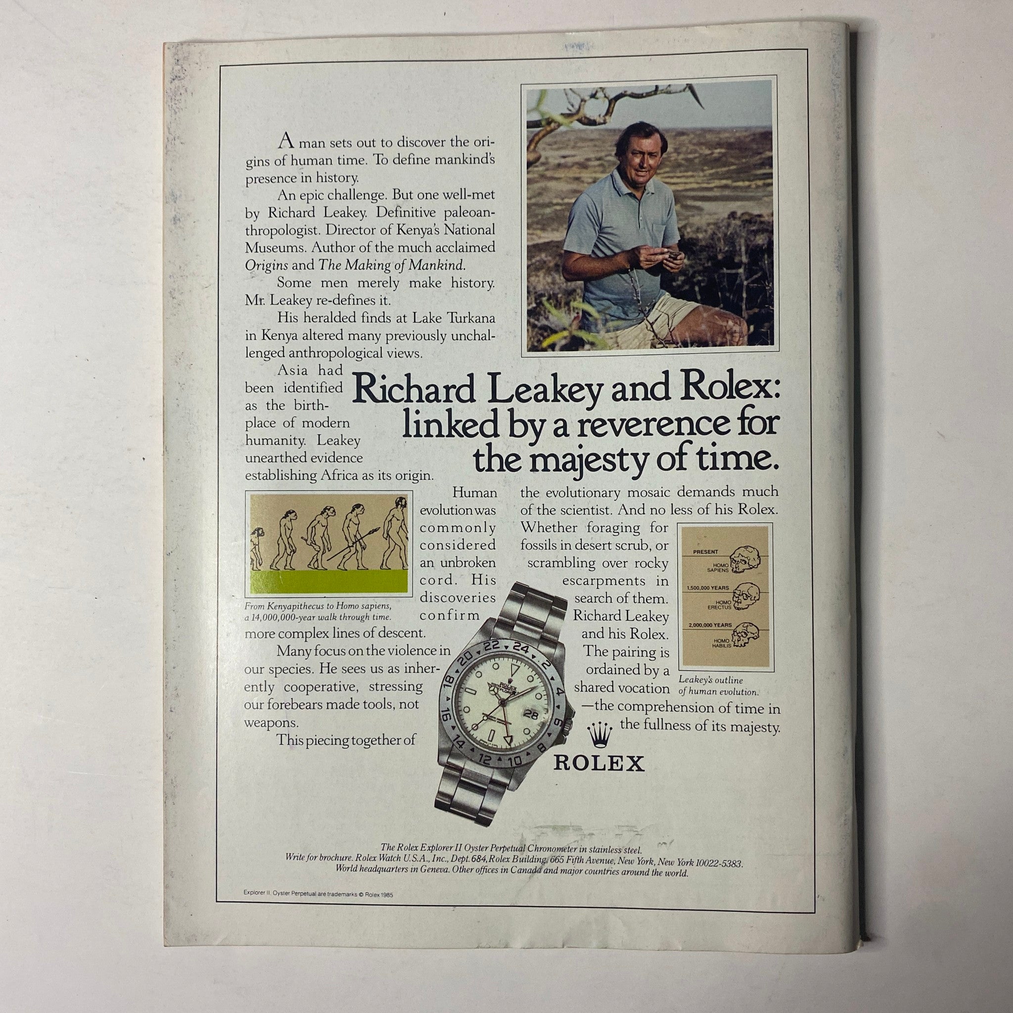 Forbes Magazine August 26, 1985 advertisement featuring Richard Leakey, a renowned paleontologist, discussing human evolution and showcasing a Rolex watch. The ad highlights Leakey's significant contributions to anthropology and pairs his image with an illustration of human ancestry.