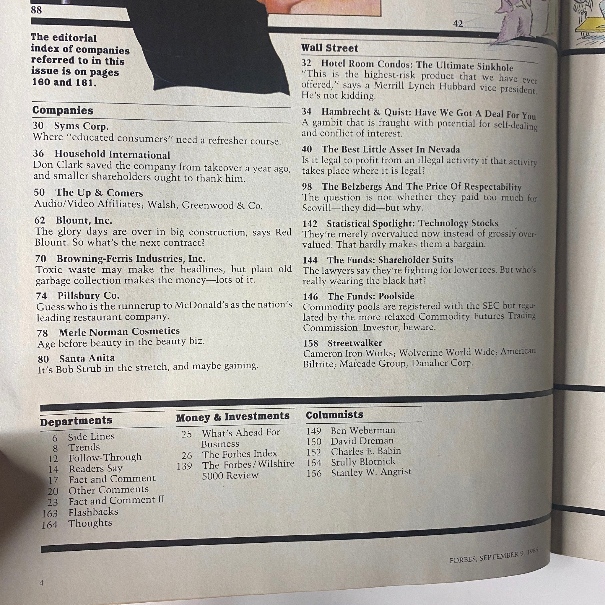 Inside page of Forbes Magazine, September 9, 1985, displaying the editorial index of companies referred to in this issue, including notable firms such as Syms Corp., and headlines from the Wall Street section.