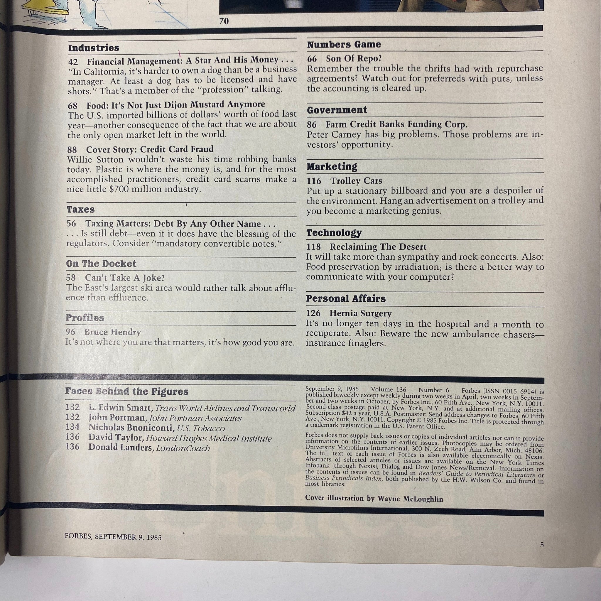 Another inside page of Forbes Magazine, September 9, 1985, featuring articles related to industries, financial management, and an overview of credit card fraud, illustrating important business topics of the time.