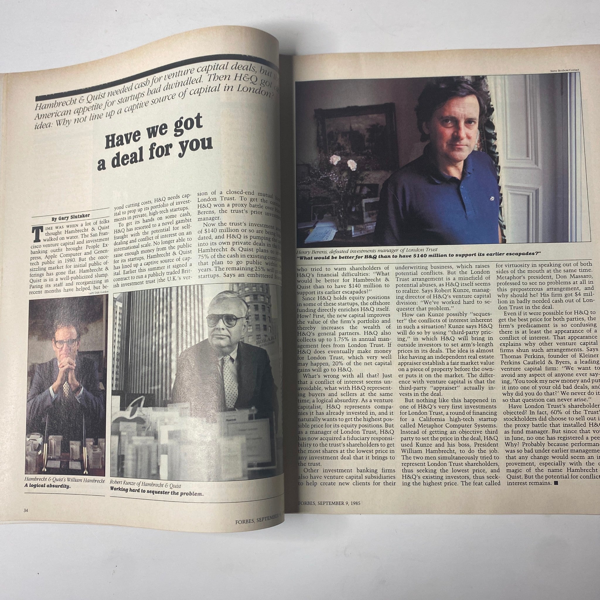 An article from Forbes Magazine, September 9, 1985, titled 'Have We Got a Deal For You?' discussing venture capital deals and financial strategies, accompanied by images of business executives.