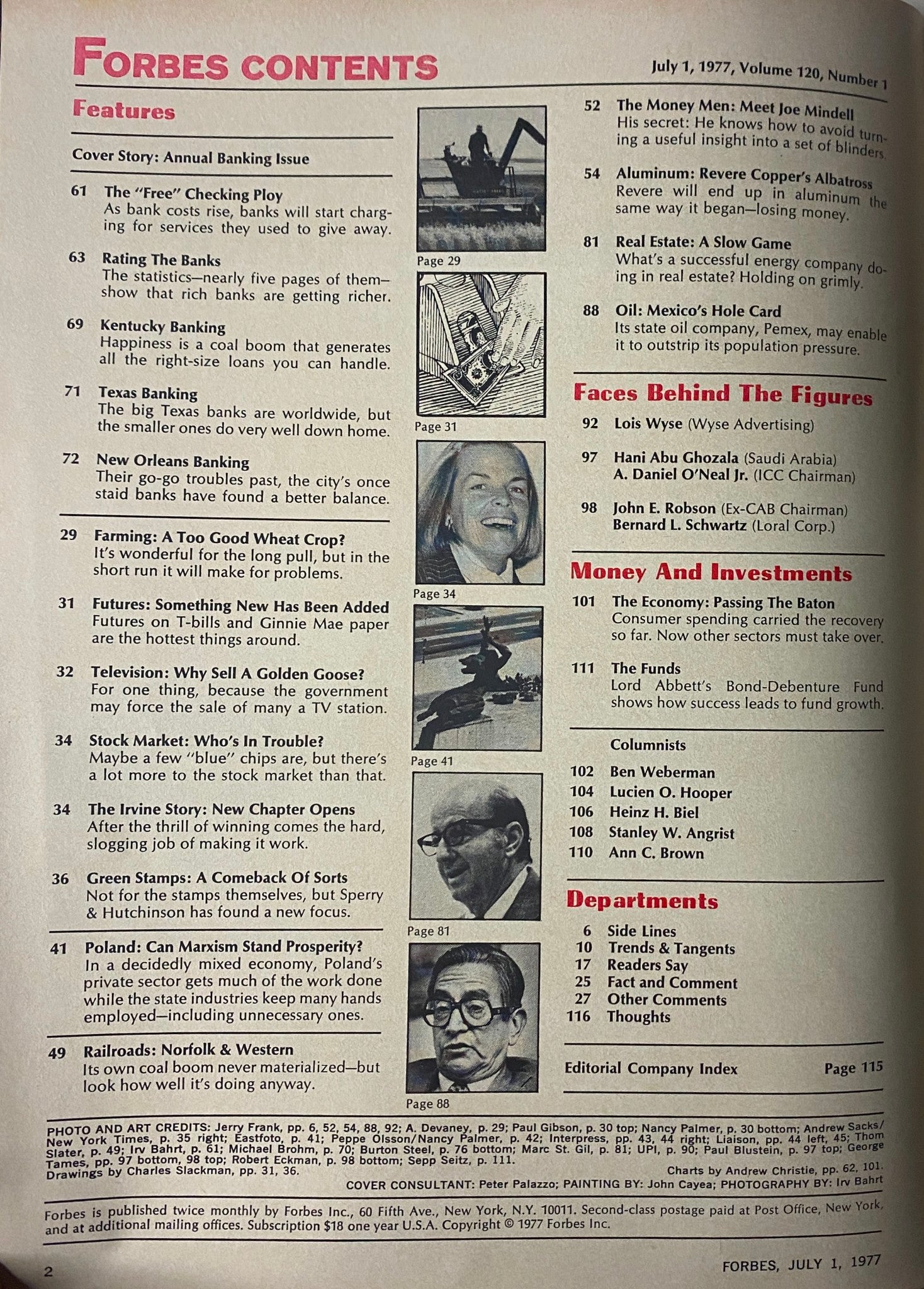 Contents page of Forbes Magazine, July 1, 1977, with details on banking features and articles including 'The Free Checking Ploy' and 'Rating the Banks'.