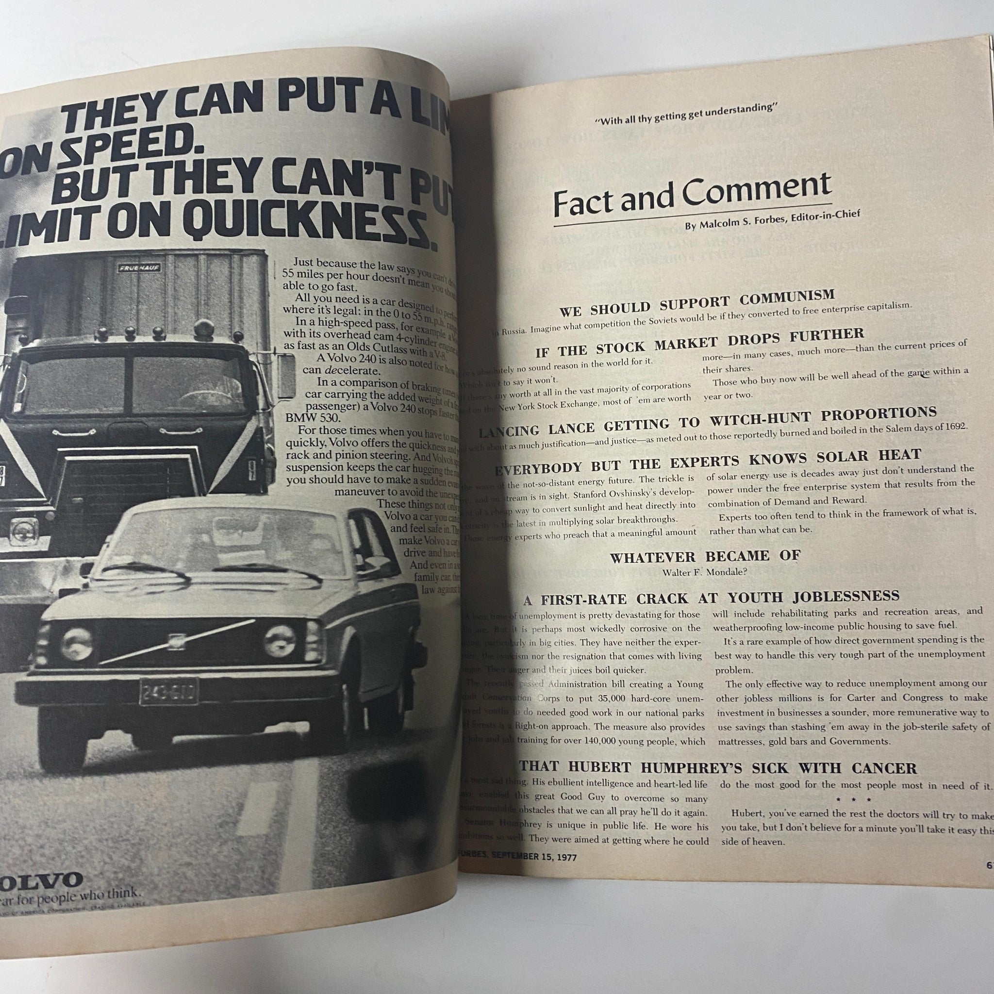 Interior page from Forbes Magazine September 15, 1977, presenting commentary and articles related to American business and economic issues.