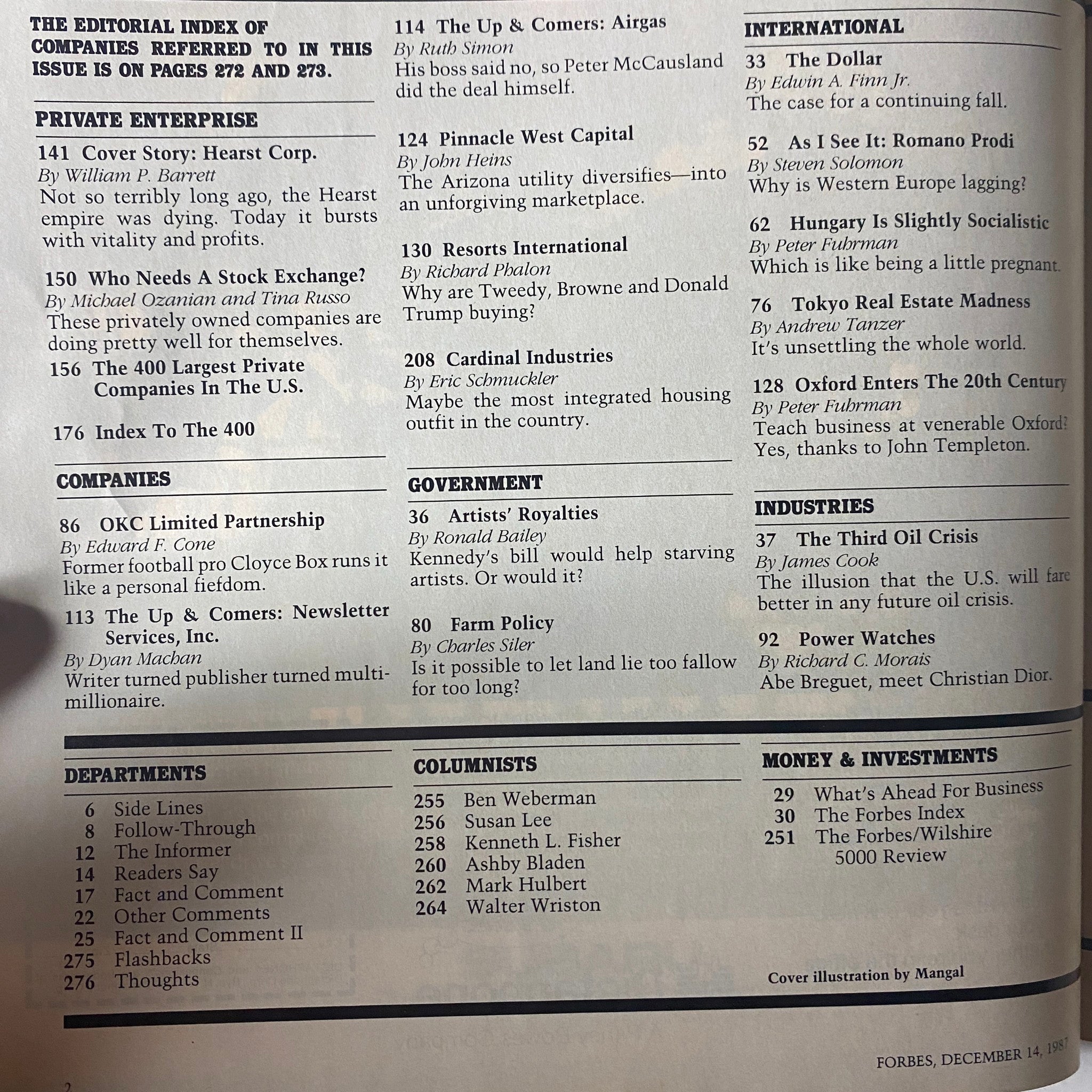 Index page of Forbes Magazine December 14, 1987, featuring article titles and an editorial index, showcasing the highlights of this vintage issue.