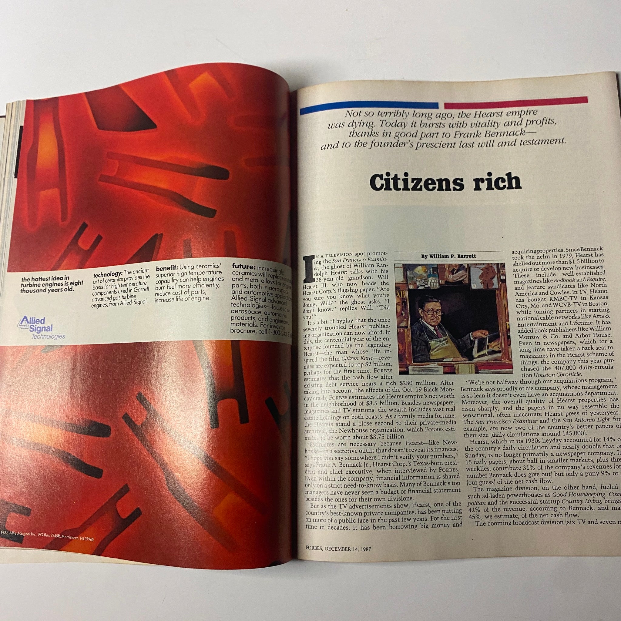A prominent article spread from Forbes Magazine December 14, 1987, focusing on the revitalization of the Hearst Corporation under Frank Bennack.
