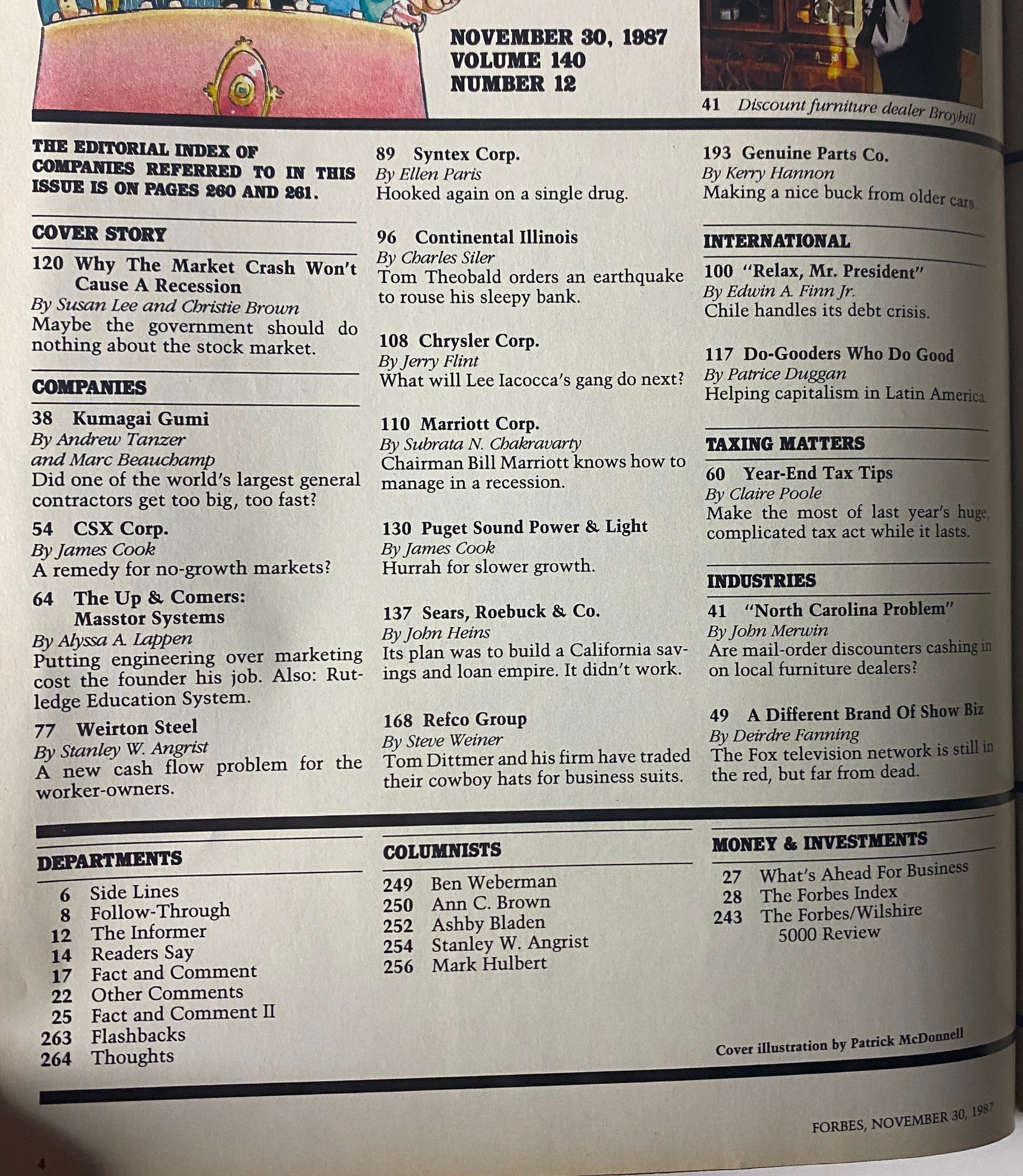 Editorial index of companies featured in Forbes Magazine November 30, 1987, including articles on the market crash and major corporations.