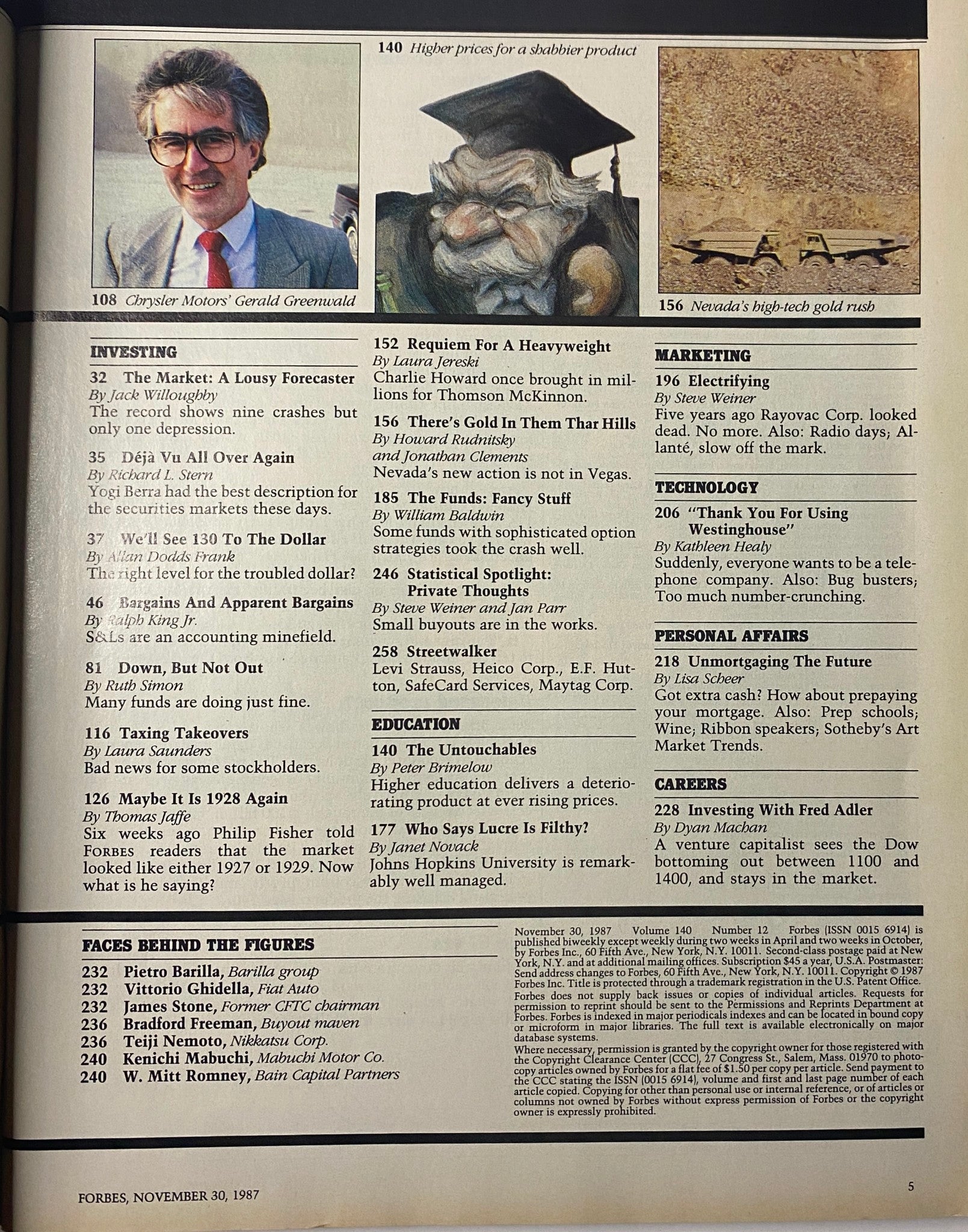 Overview page from Forbes Magazine November 30, 1987, featuring Chrysler Corp's Gerald Greenwald and a comedic illustration about market trends.
