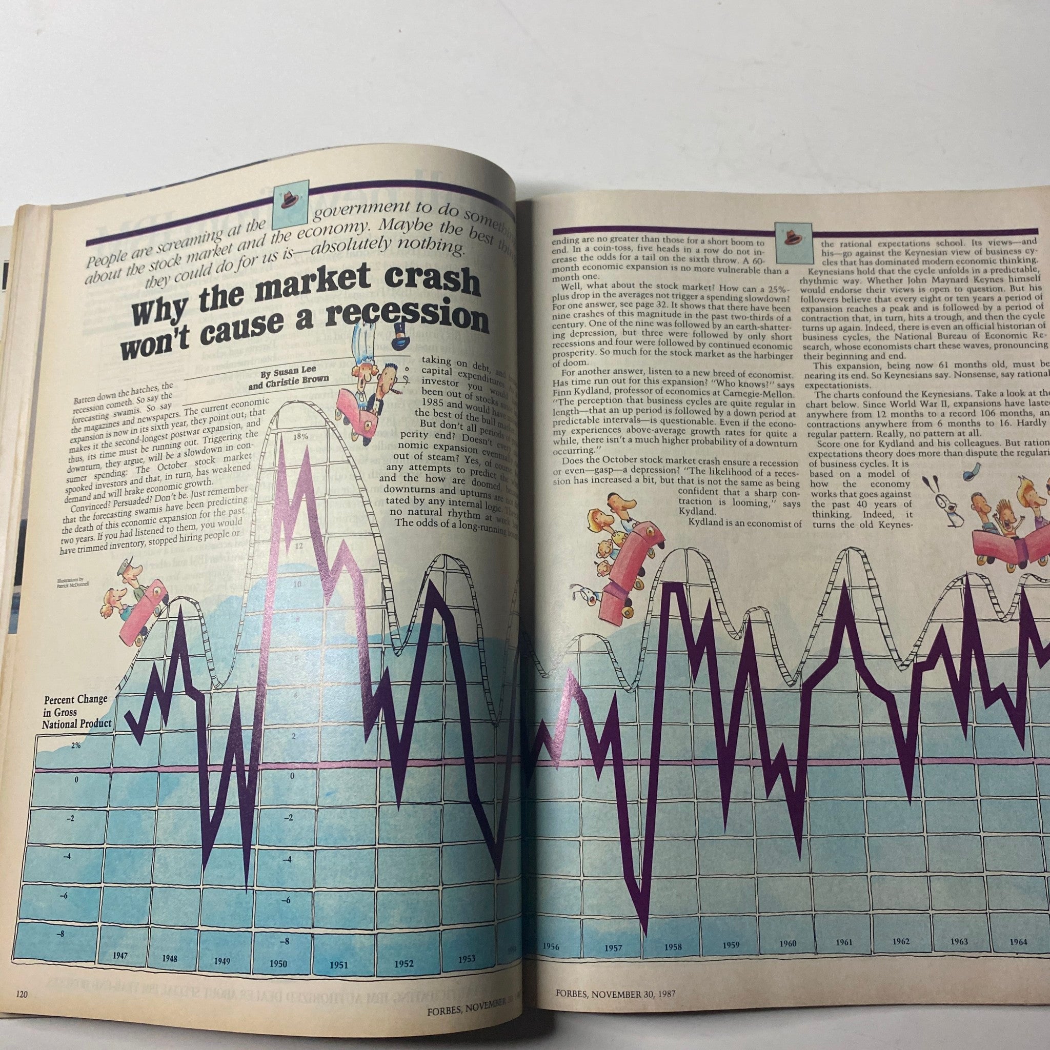 Article spread titled 'Why The Market Crash Won't Cause A Recession' in Forbes Magazine November 30, 1987, analyzing economic resilience post-crash.