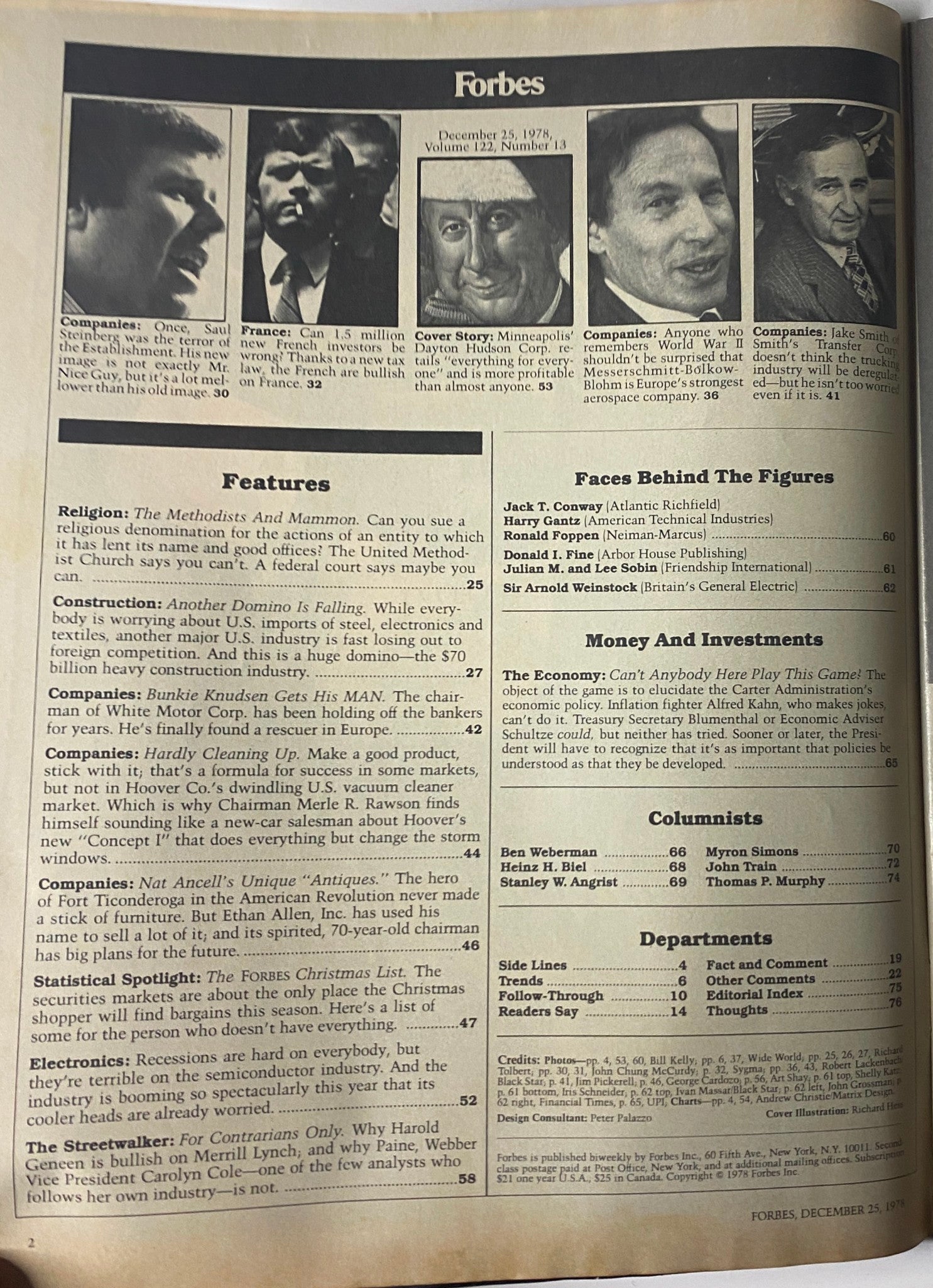 Table of contents page from Forbes Magazine, December 25, 1978, highlighting feature articles on Dayton Hudson Corporation, religion and finance, and industry insights.