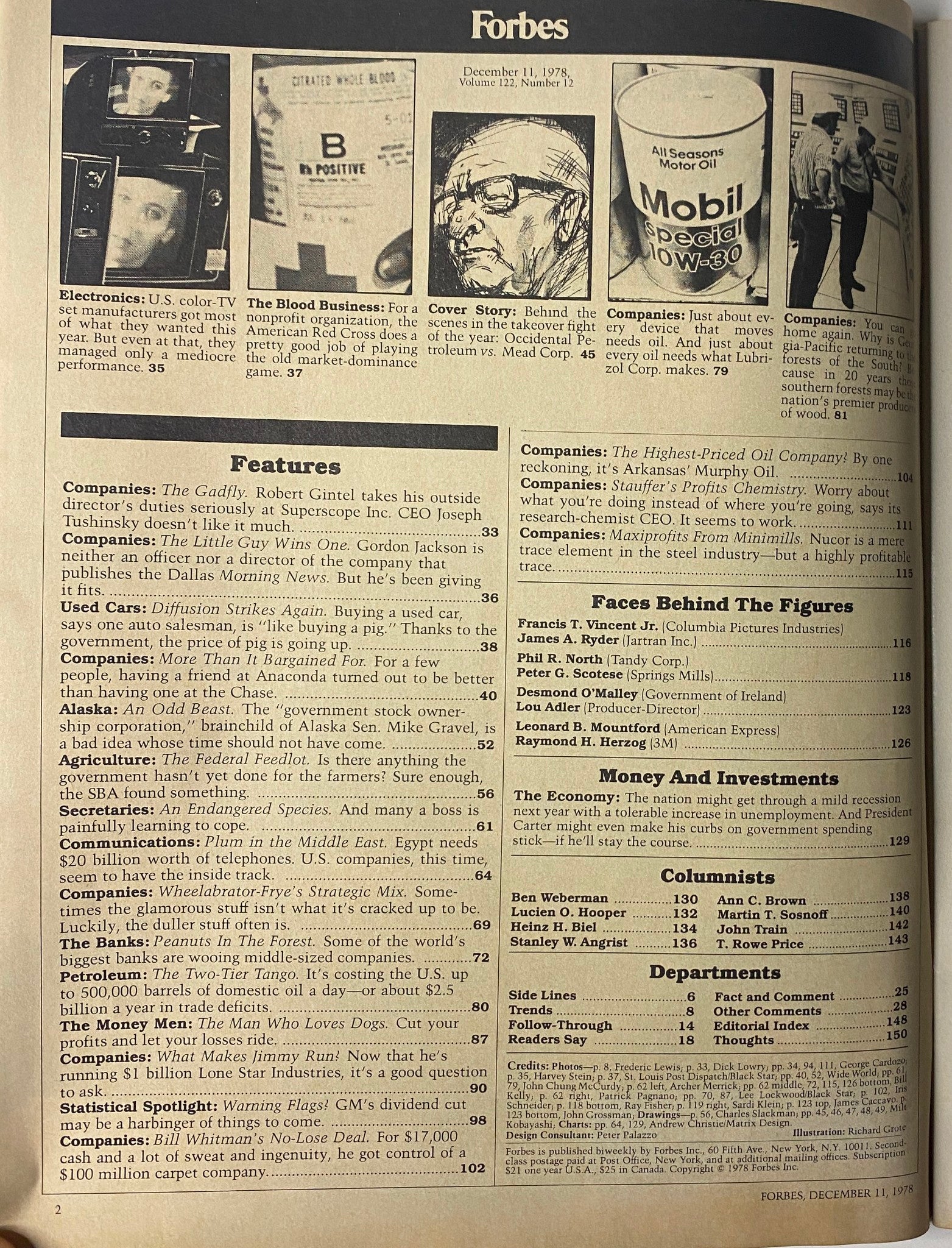 Forbes Magazine December 11, 1978 - Interior page featuring the cover story on the corporate battle between Mead Corporation and Occidental Petroleum, along with articles on business trends and features.