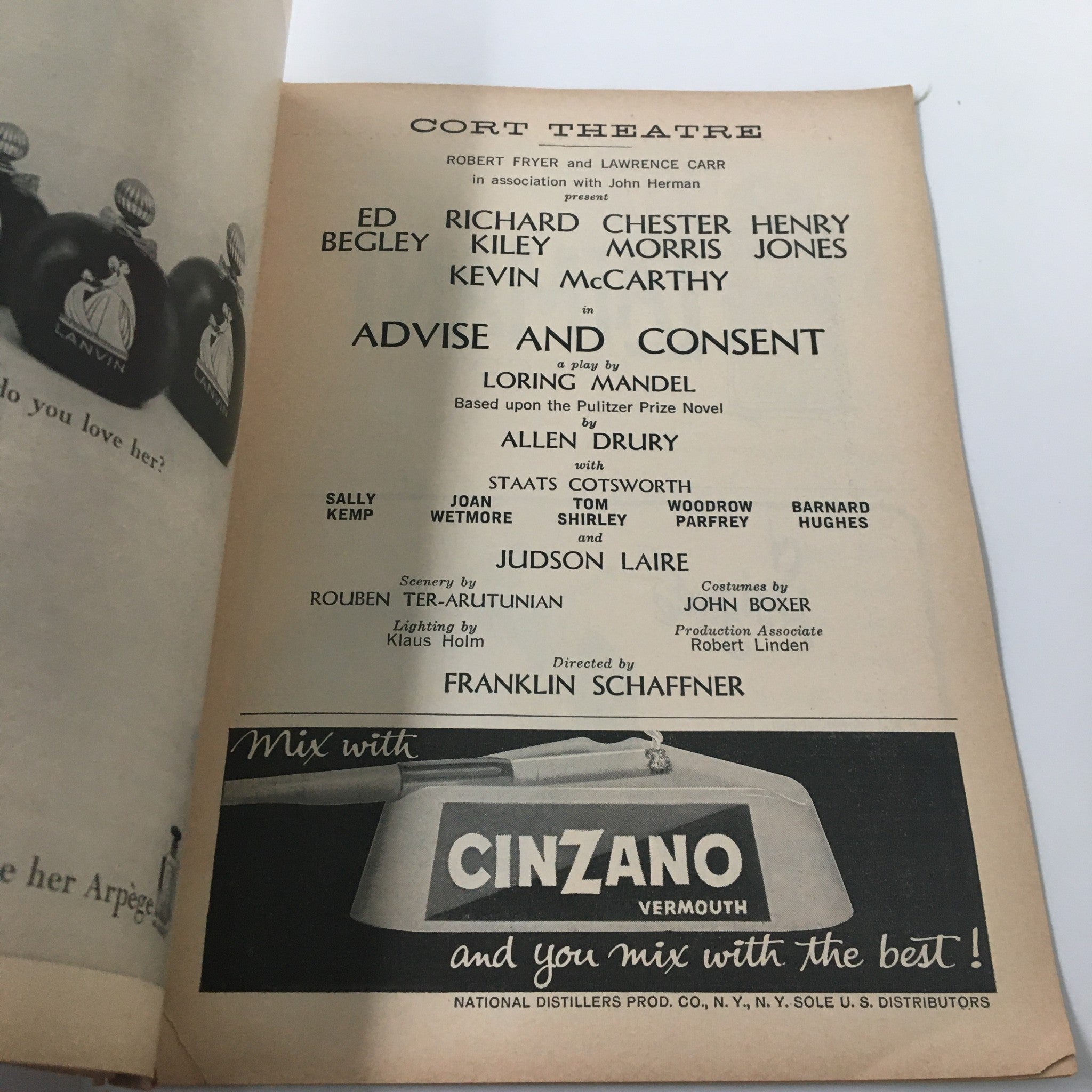 1960 Playbill Cort Theatre Ed Begley, Richard Kiley in Advise and Consent