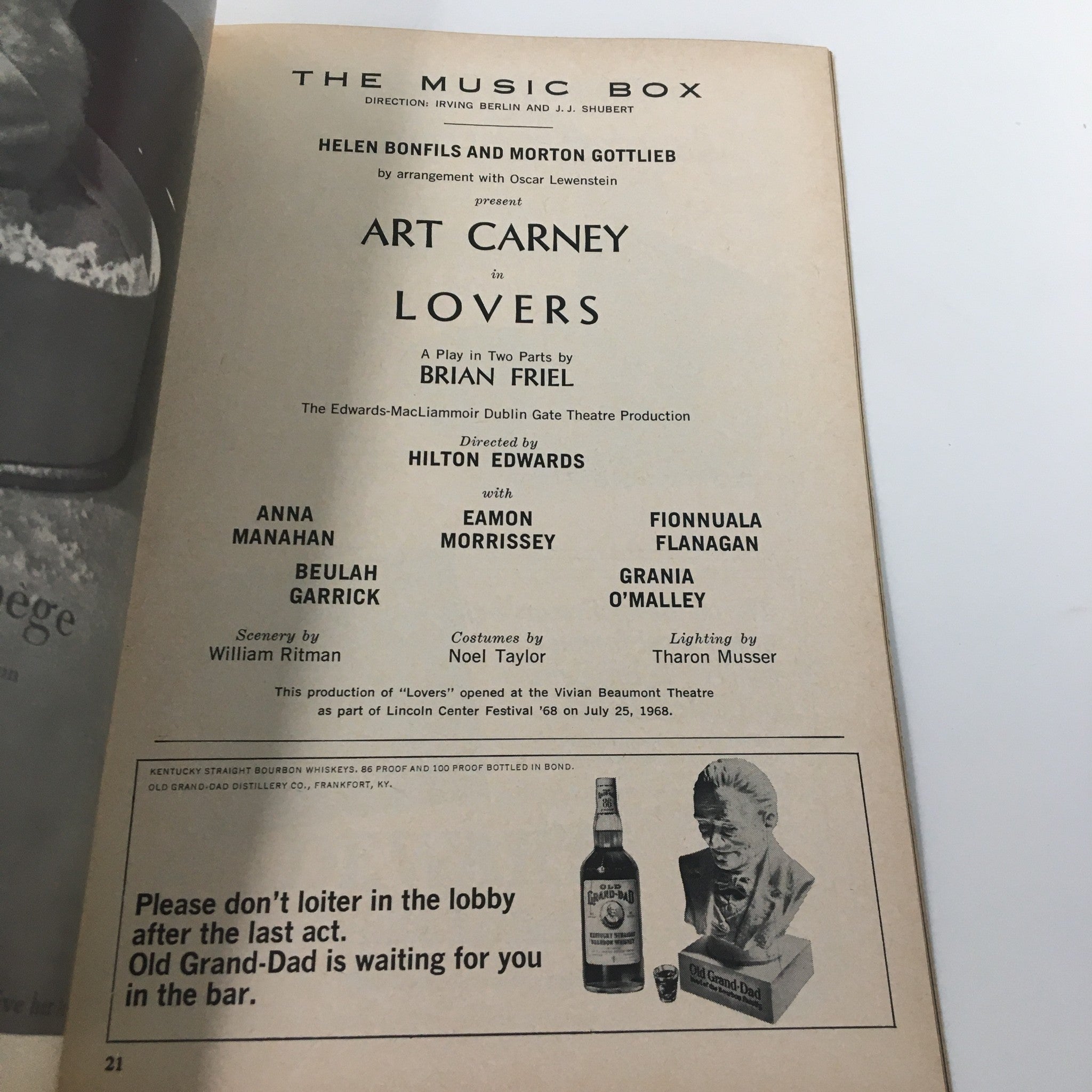 1968 Playbill The Music Box Art Carney in Lovers Play in 2 Parts by Brian Friel