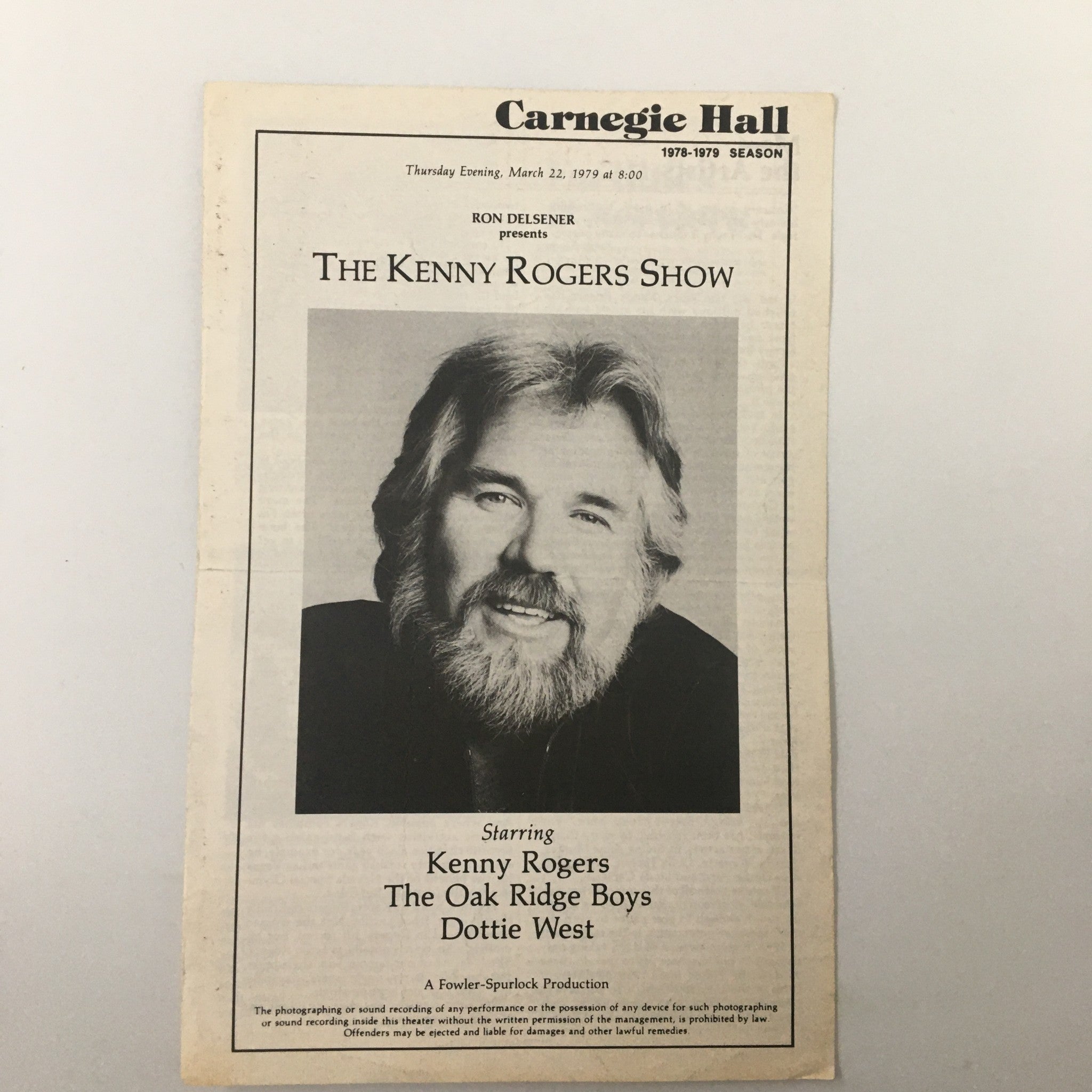 Cover of the 1979 Carnegie Hall Ron Delsener Presents The Kenny Rogers Show vintage magazine featuring a portrait of Kenny Rogers along with details of the concert.