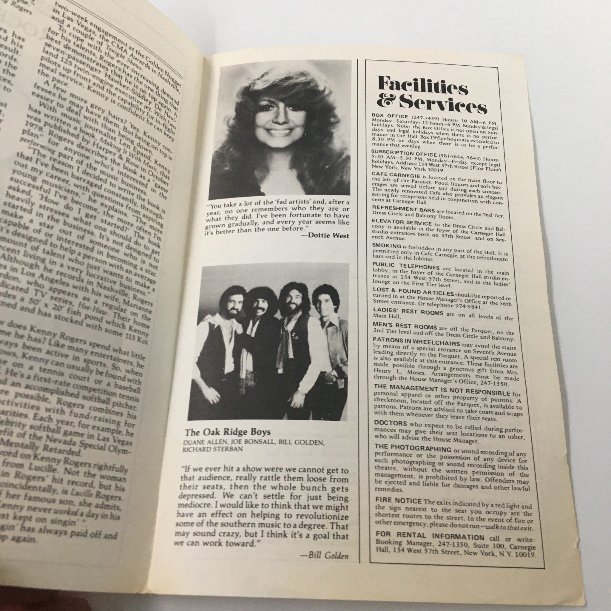 Inside page of the 1979 Carnegie Hall Ron Delsener Presents The Kenny Rogers Show magazine showcasing Dottie West and The Oak Ridge Boys, along with concert details and venue information.
