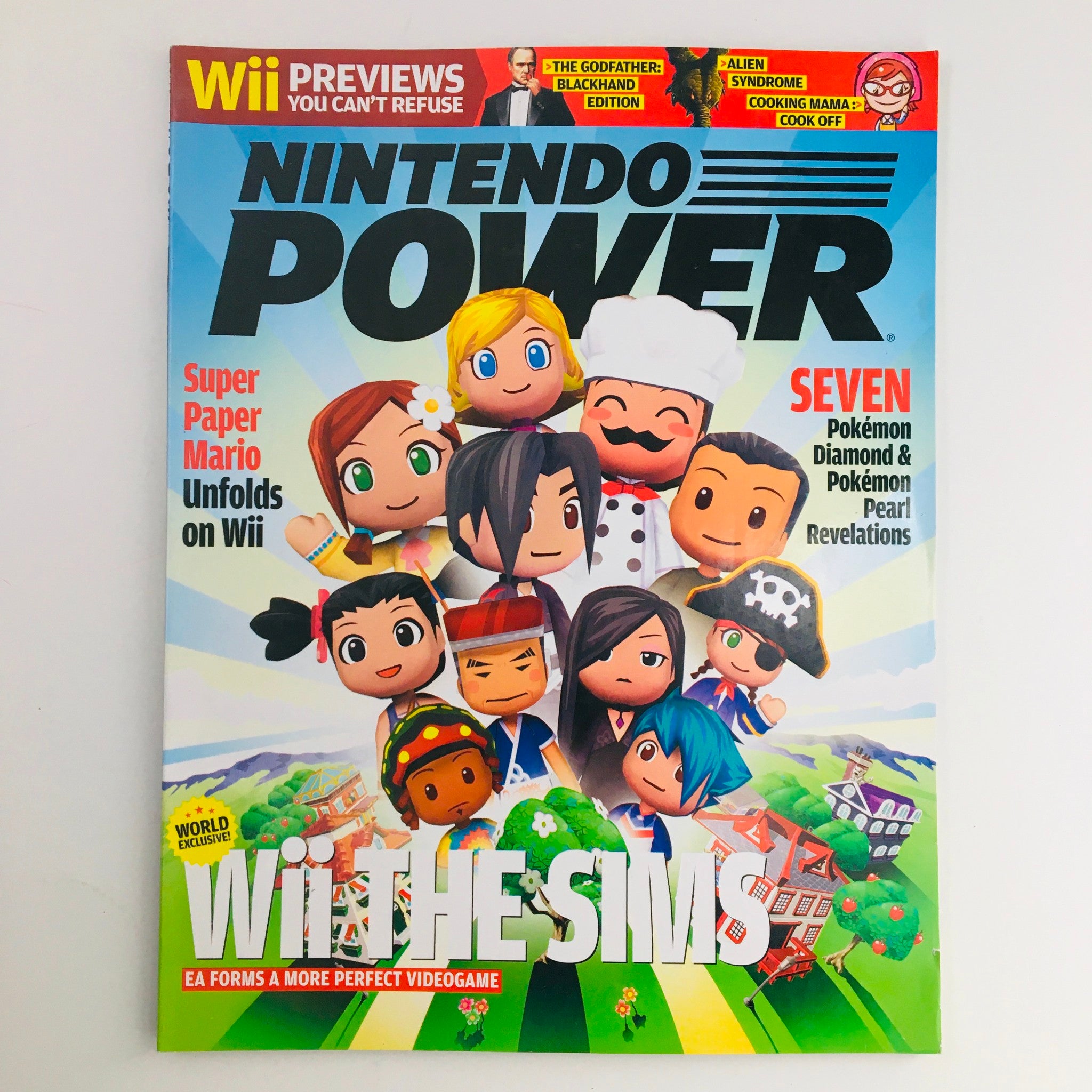 Nintendo Power Magazine April 2007 cover featuring characters from Super Paper Mario and The Sims for Wii, showcasing vibrant illustrations and appealing designs.