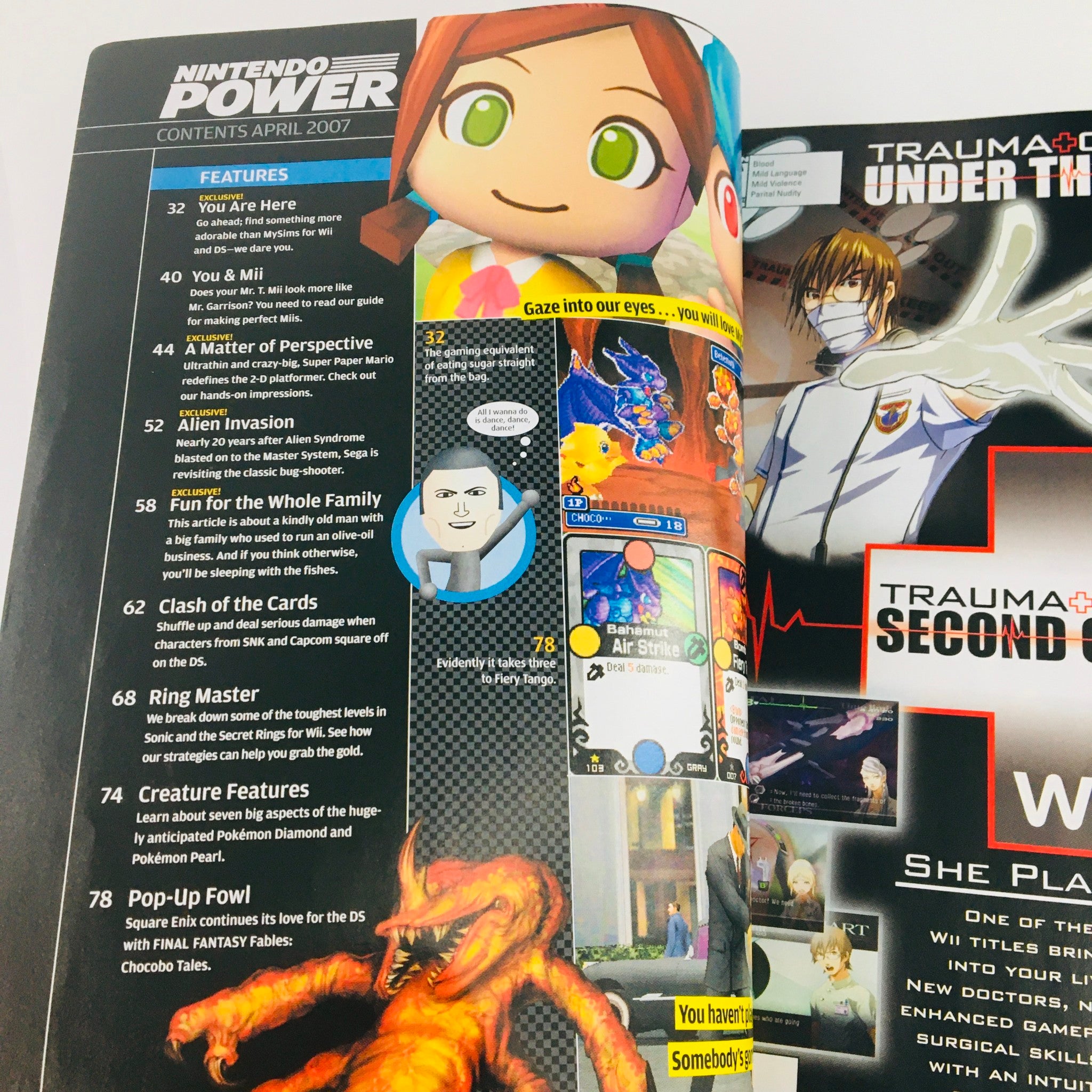 Contents page of Nintendo Power Magazine April 2007, displaying features and articles related to The Sims, Super Paper Mario, and other gaming topics.