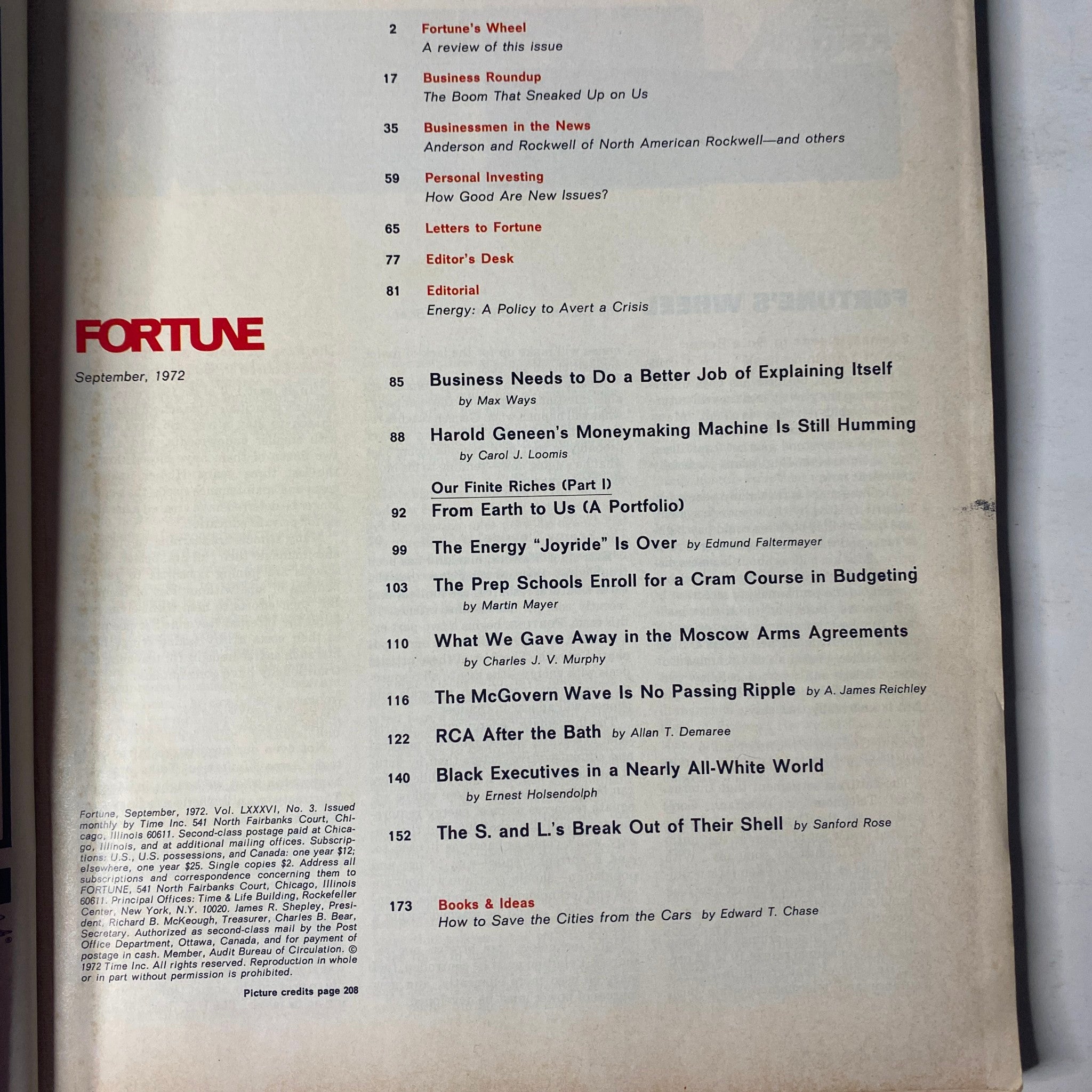 Table of contents for Fortune Magazine September 1972, outlining featured articles including 'Our Finite Riches (Part I)', 'Harold Geneen’s Moneymaking Machine Is Still Humming', and 'The Energy Joyride Is Over'.