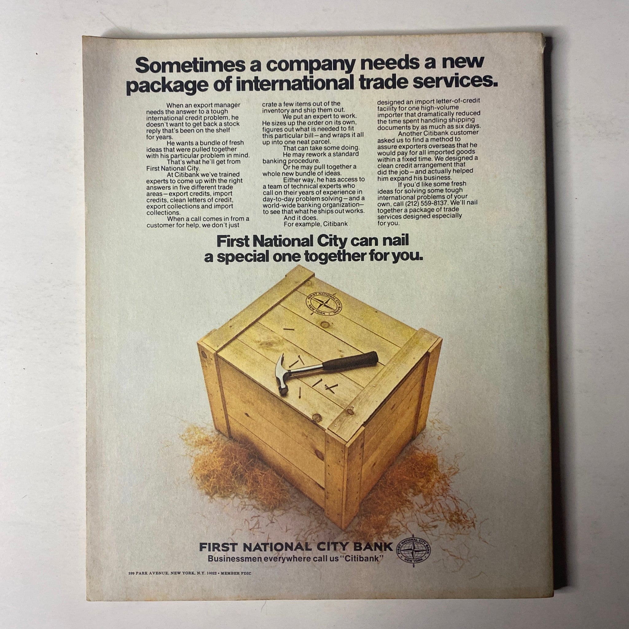 Fortune Magazine September 1972 Our Finite Richest Part I includes an advertisement for First National City Bank, featuring a wooden crate symbolizing international trade services, emphasizing the bank's tailored solutions for export and import needs.